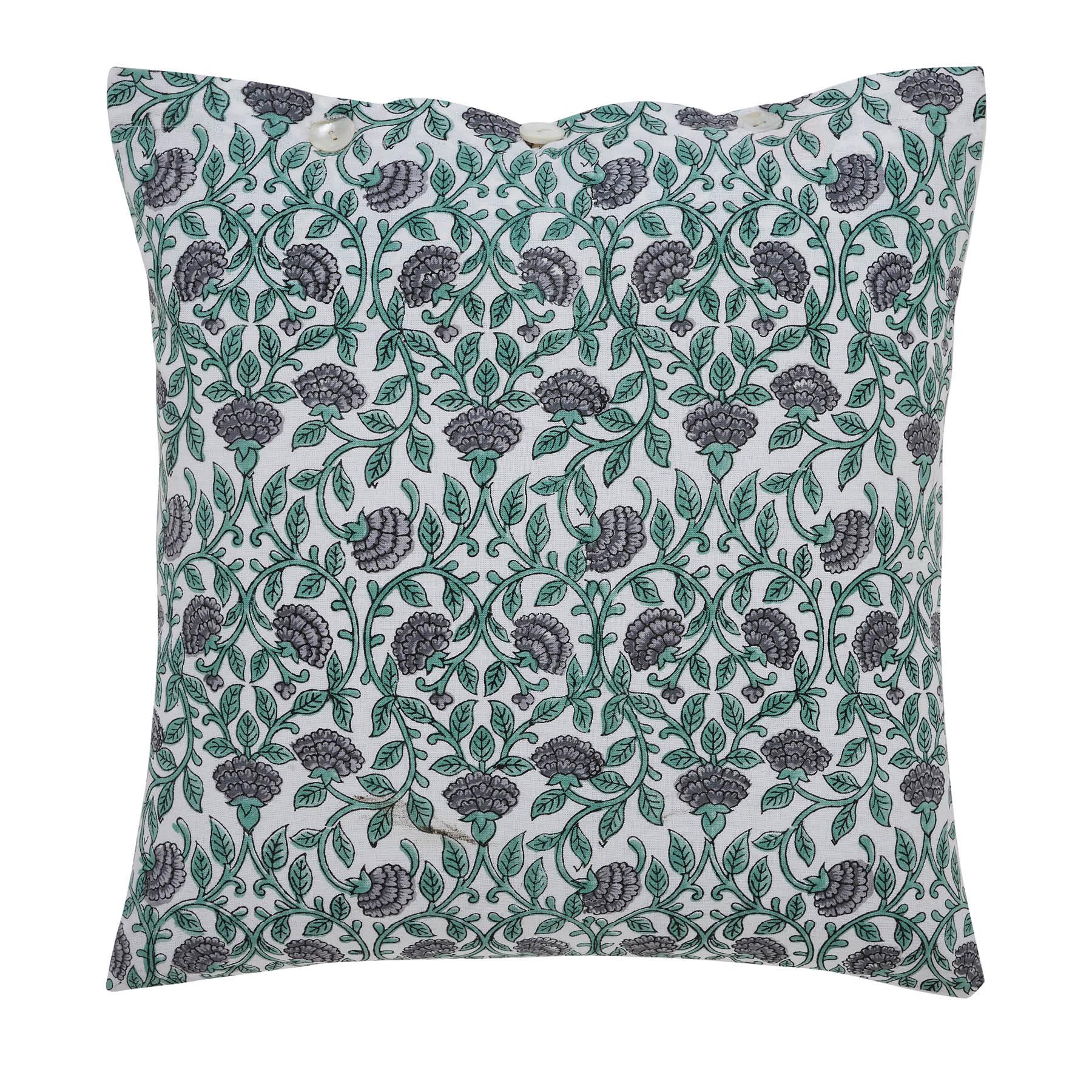 Gulmarg Sea Green & Grey Hand Block Printed Cotton Cushion Cover