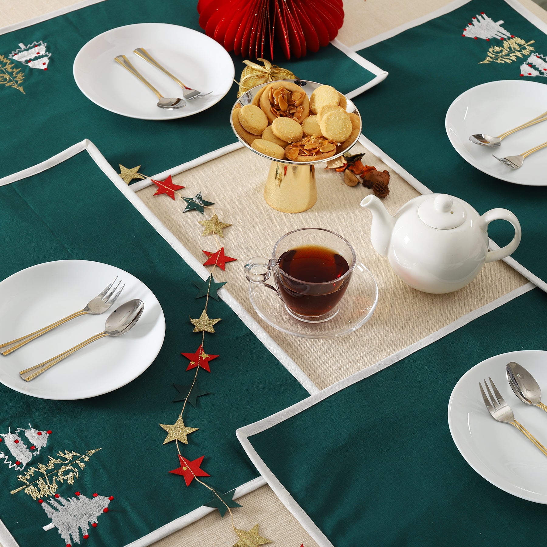 Green Cotton Embroidered Charlie Table Mat Set of 6