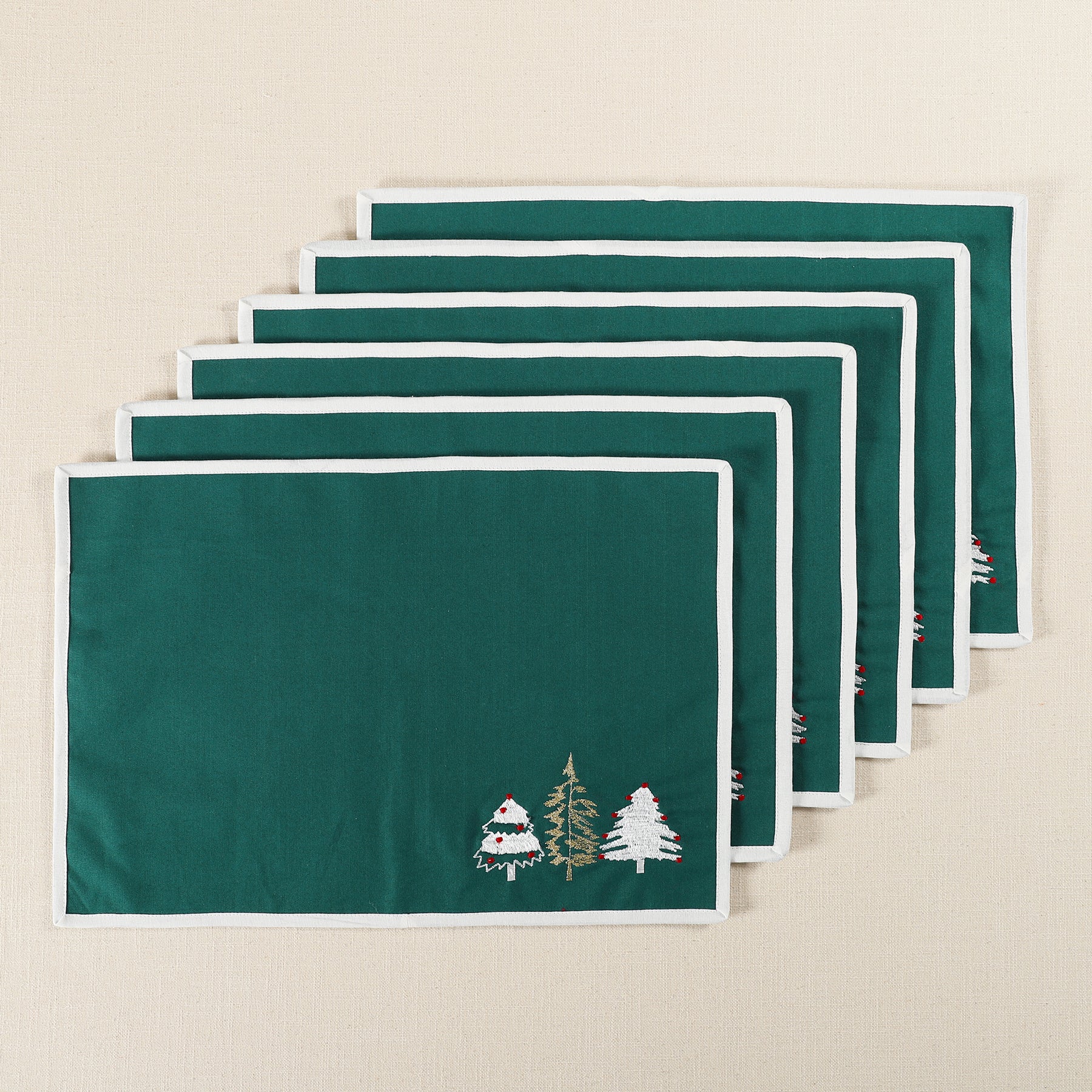 Green Cotton Embroidered Charlie Table Mat Set of 6