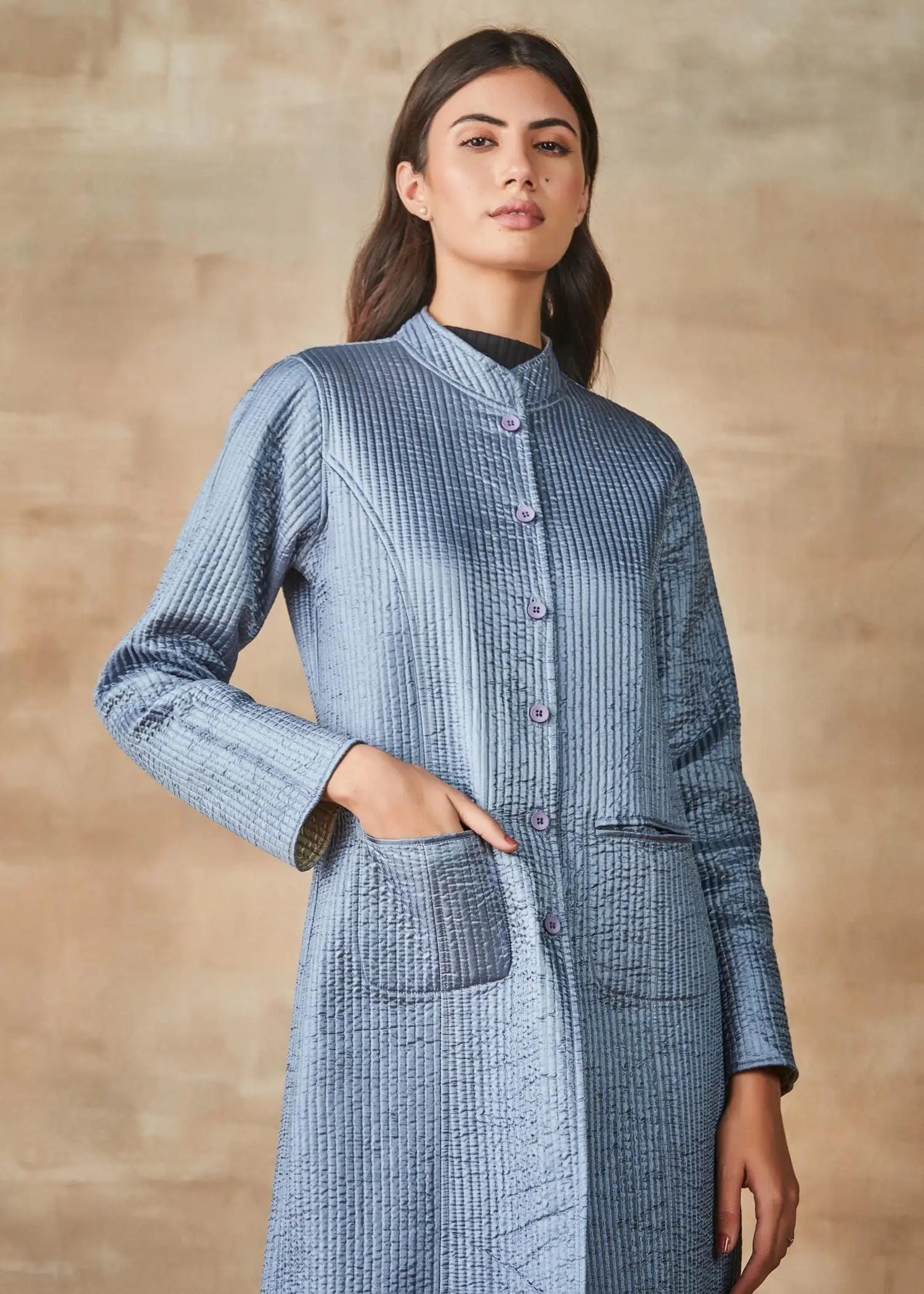 Cigarette Blue And Silver Grey Paper Silk Reversible Quilted Long Coat