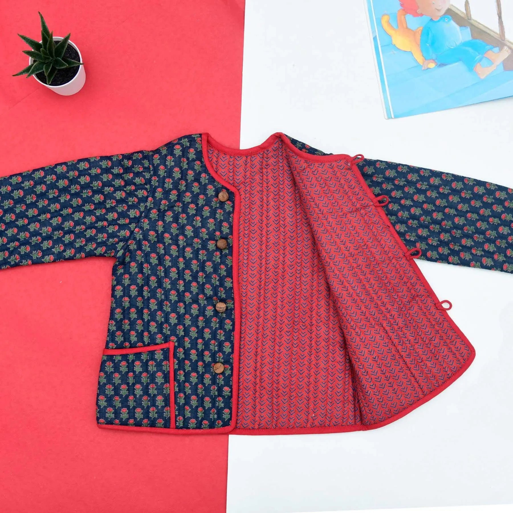 Red And Blue Quilted 100% Cotton Reverisble Full Sleeve Jacket Unisex (0-12 Years)