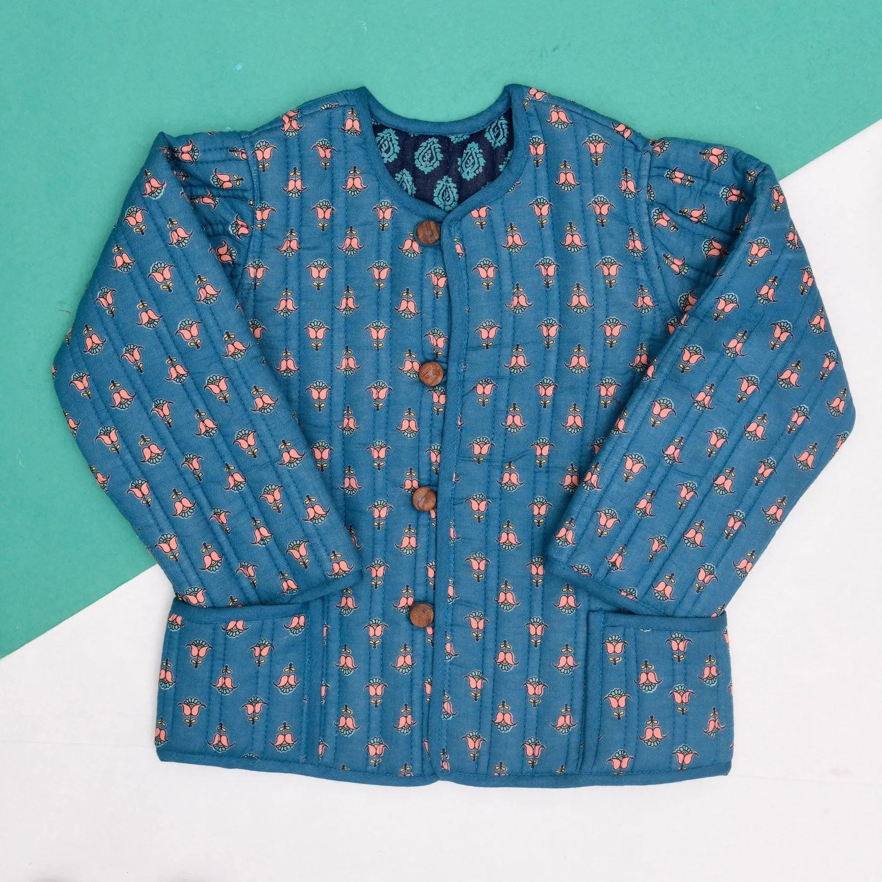 Teal And Blue Quilted 100% Cotton Reversible Full Sleeve Jacket Unisex (0-12 Years)