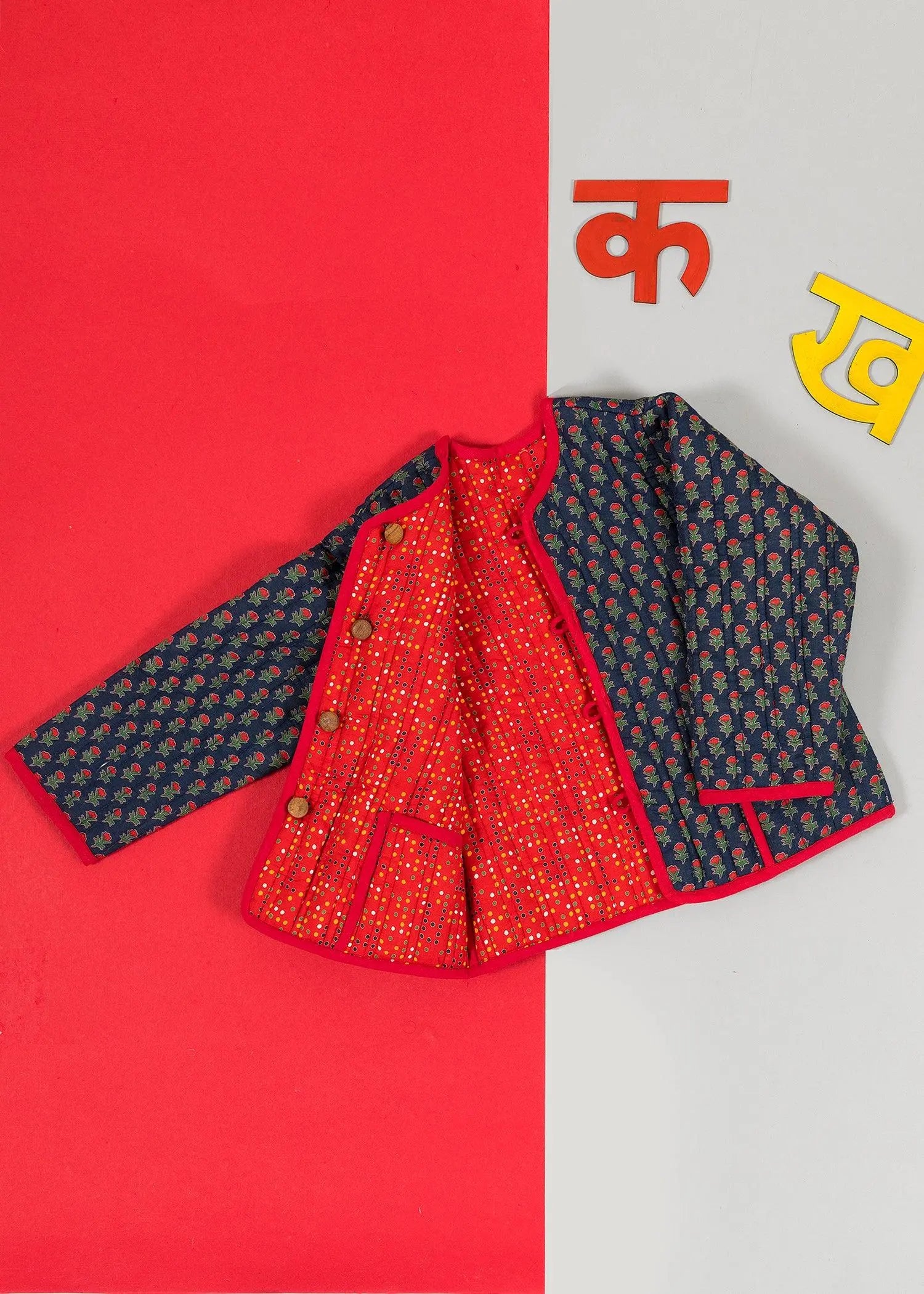 Kanak Ratan Blue & Red 100% Cotton Quilted Reversible Coat Unisex (0-12 Years)