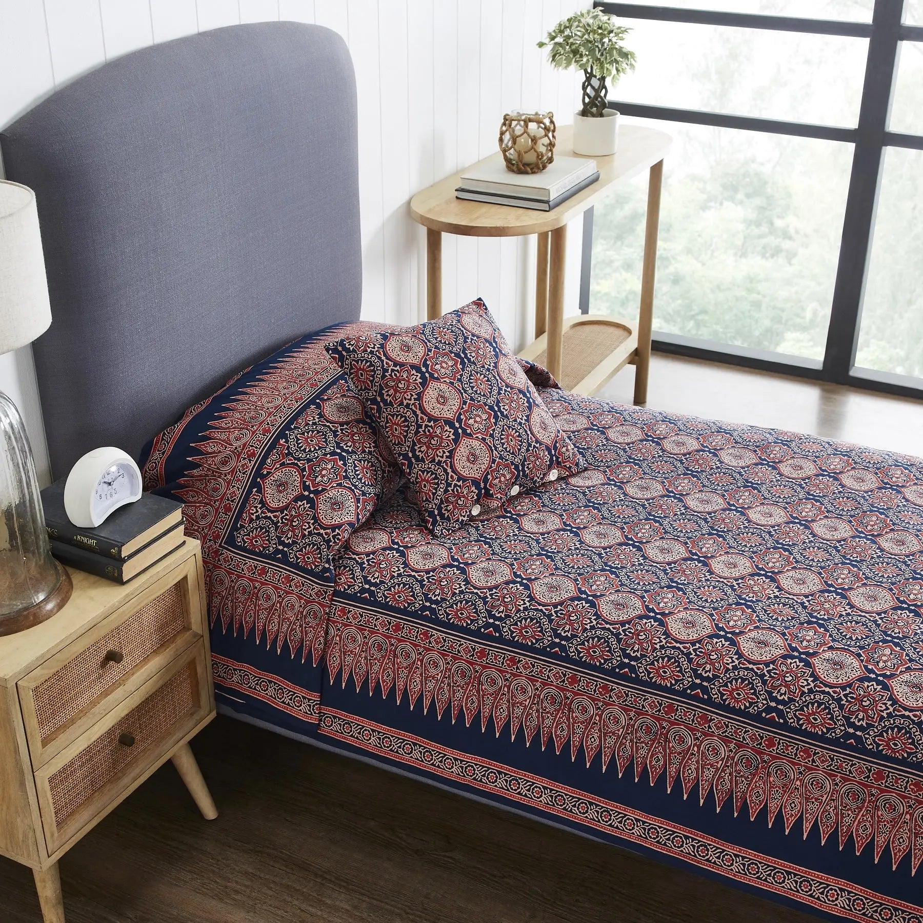 Artsy Navy & Rust Hand Screen Print Cotton Bedcover