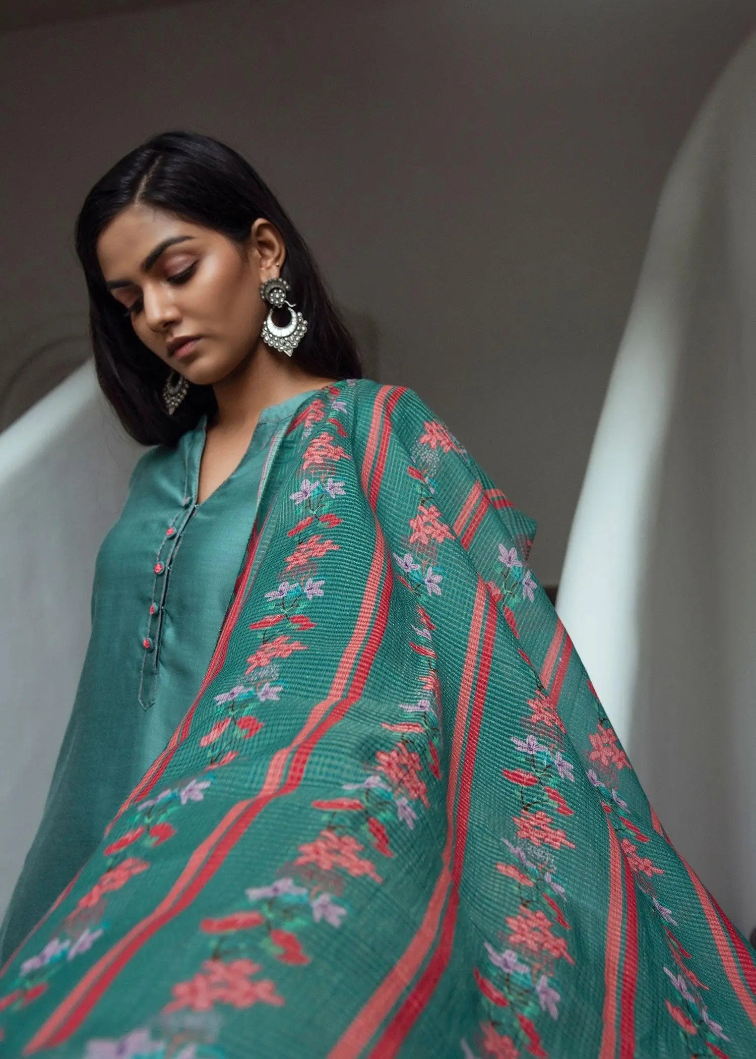 Teal Floral Viscose Dupatta