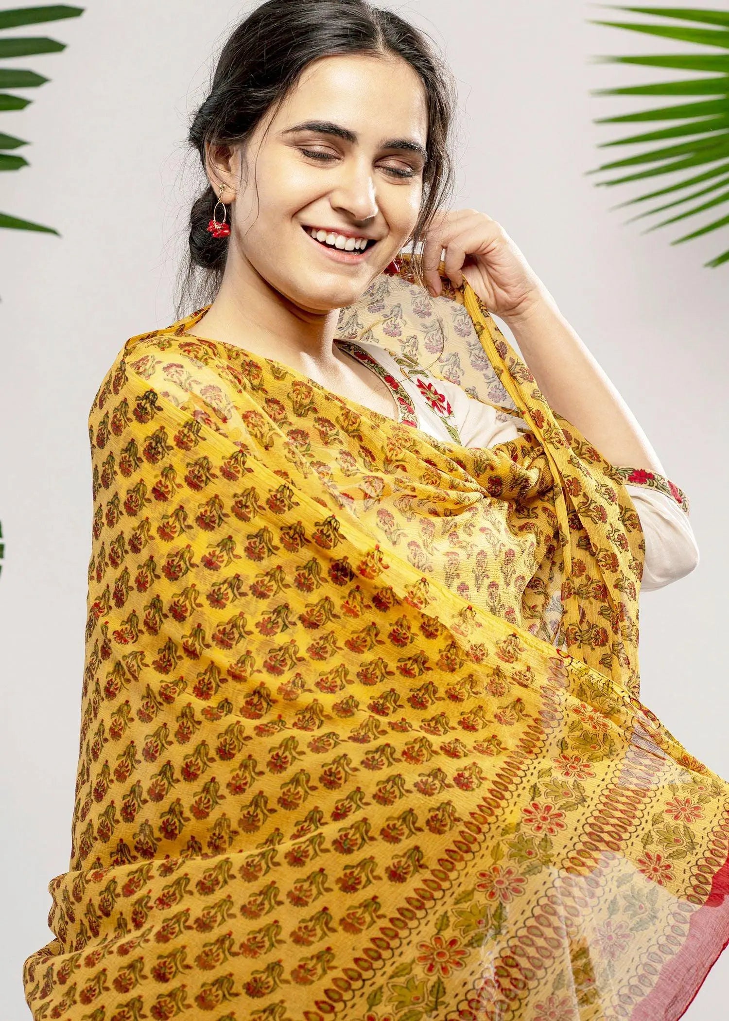 Mustard Color Floral Chiffon Dupatta