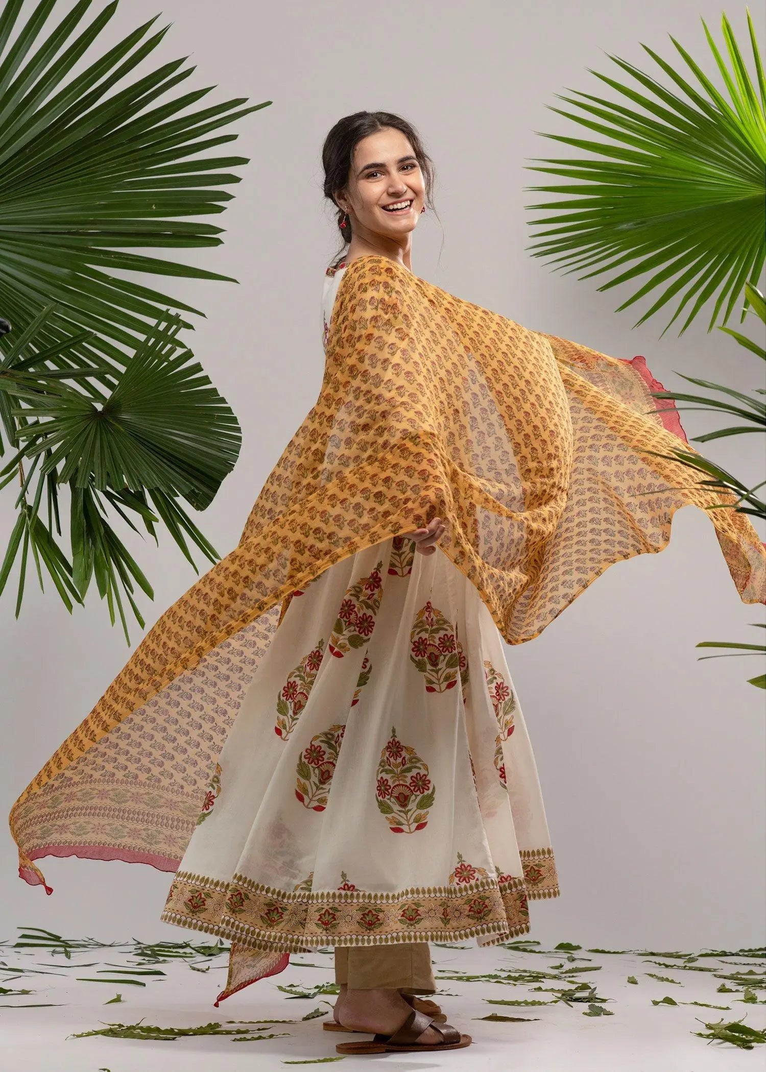 Mustard Color Floral Chiffon Dupatta