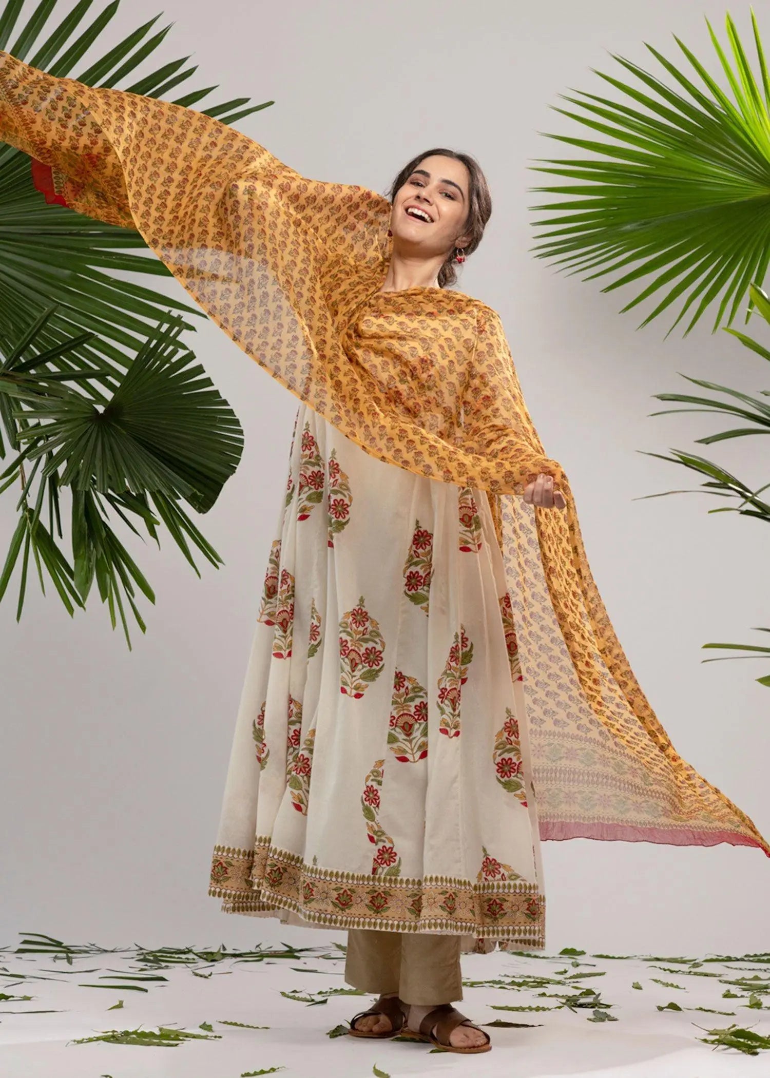 Mustard Color Floral Chiffon Dupatta