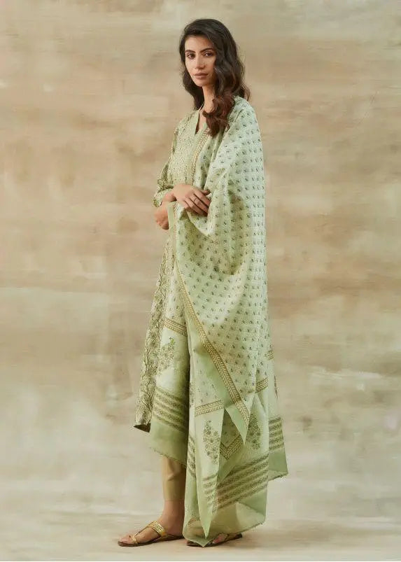 Pistachio Green Chanderi Block Printed Dupatta