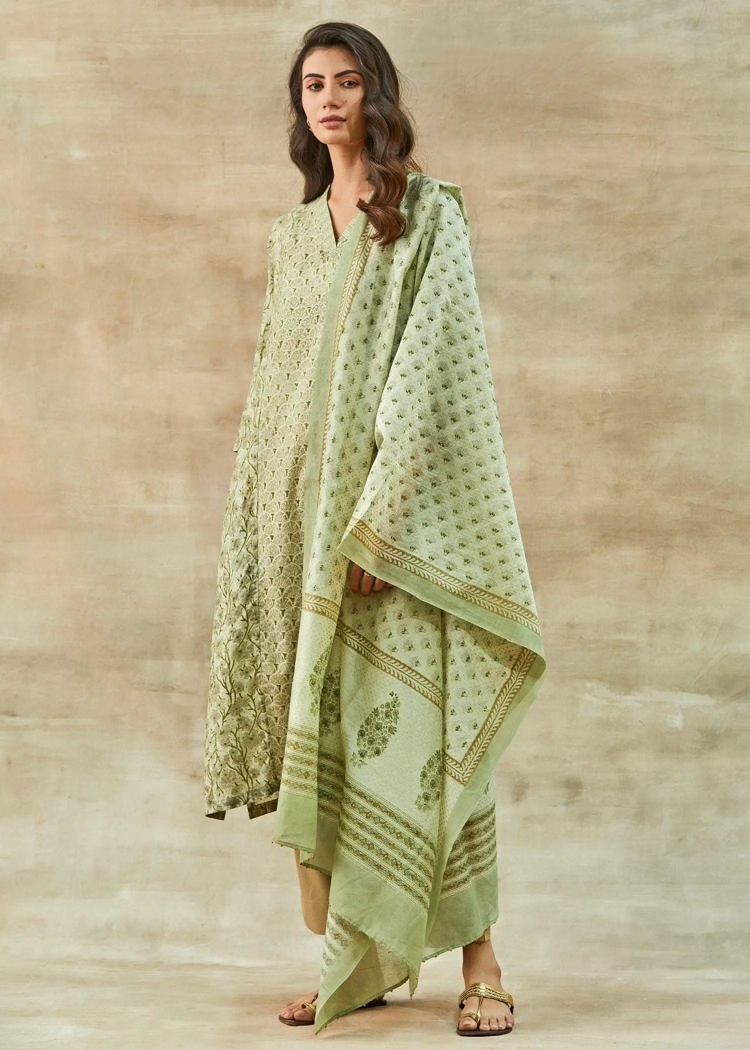 Pistachio Green Chanderi Block Printed Dupatta