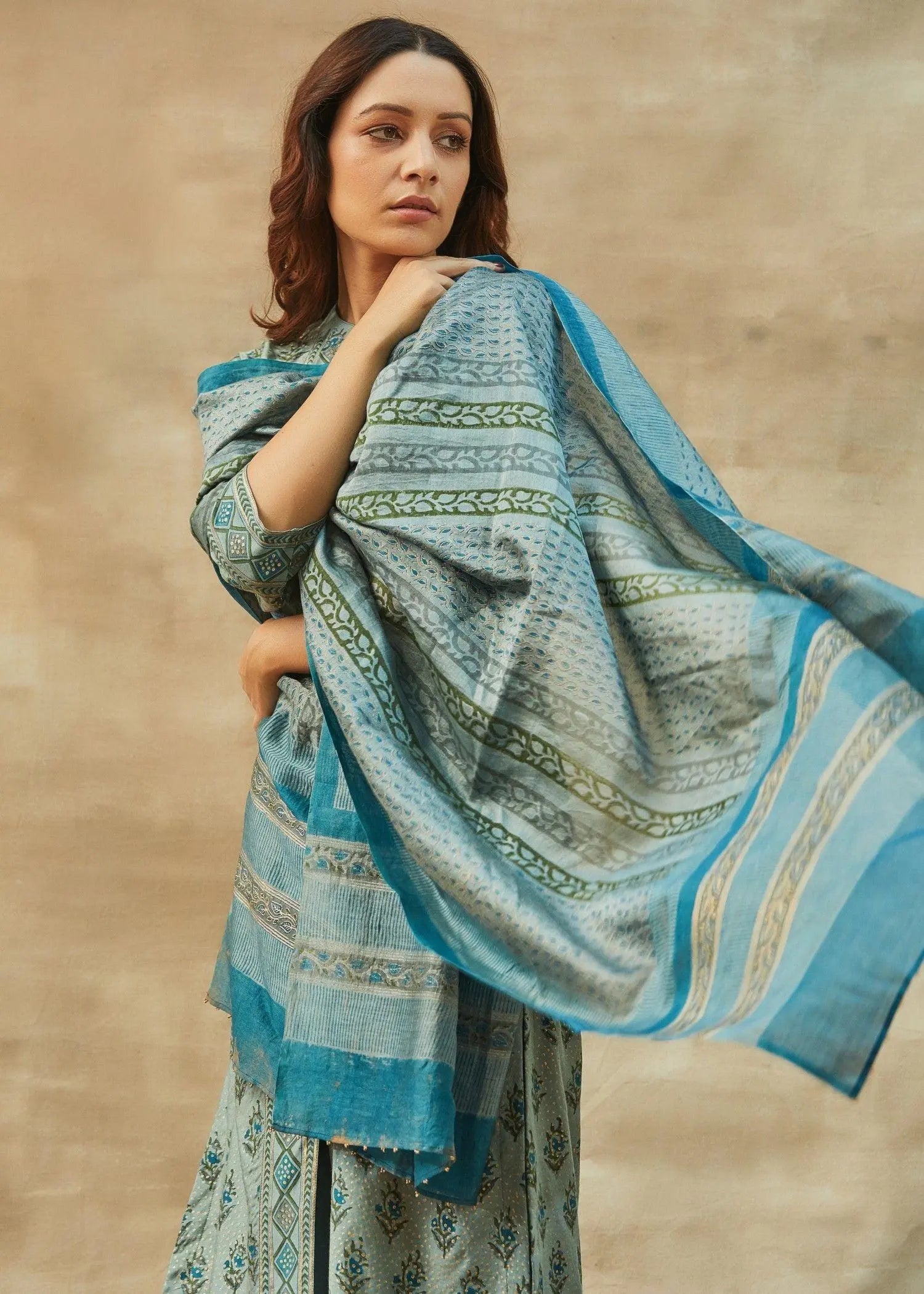 Mineral Blue Chanderi Block Printed Dupatta