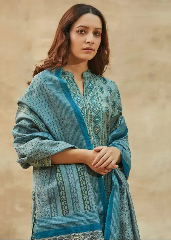 Mineral Blue Chanderi Block Printed Dupatta