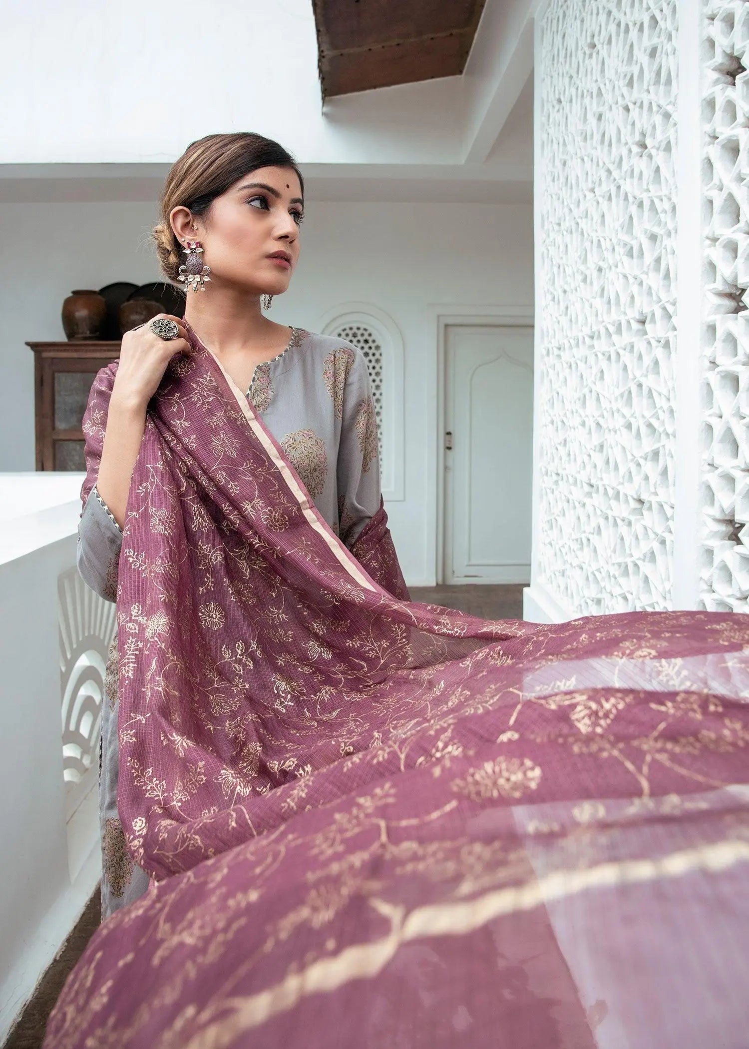 Purple Color Hand Block Print Kota Zari Dupatta