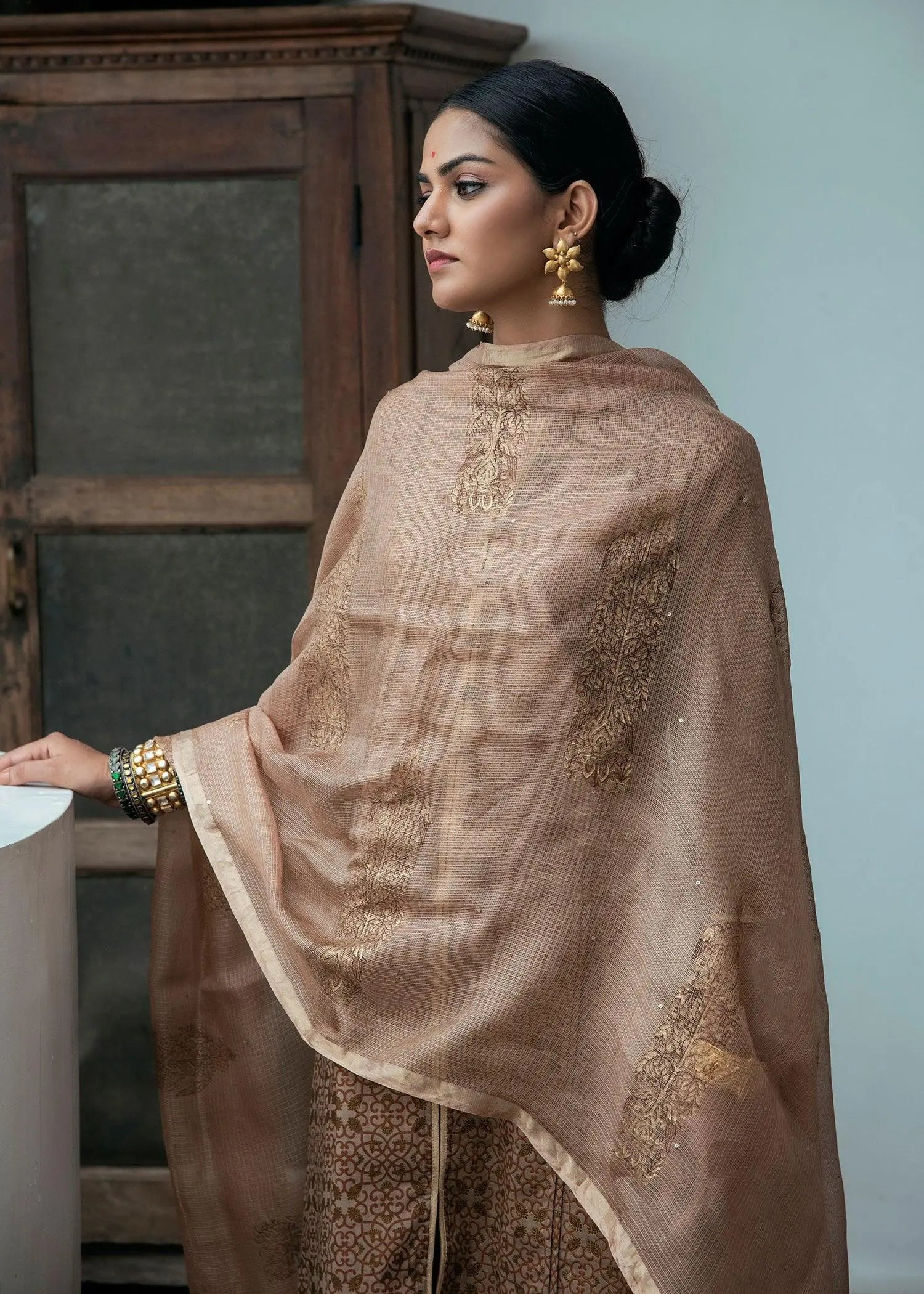 Sand Color Hand Block Print Kota Zari Dupatta