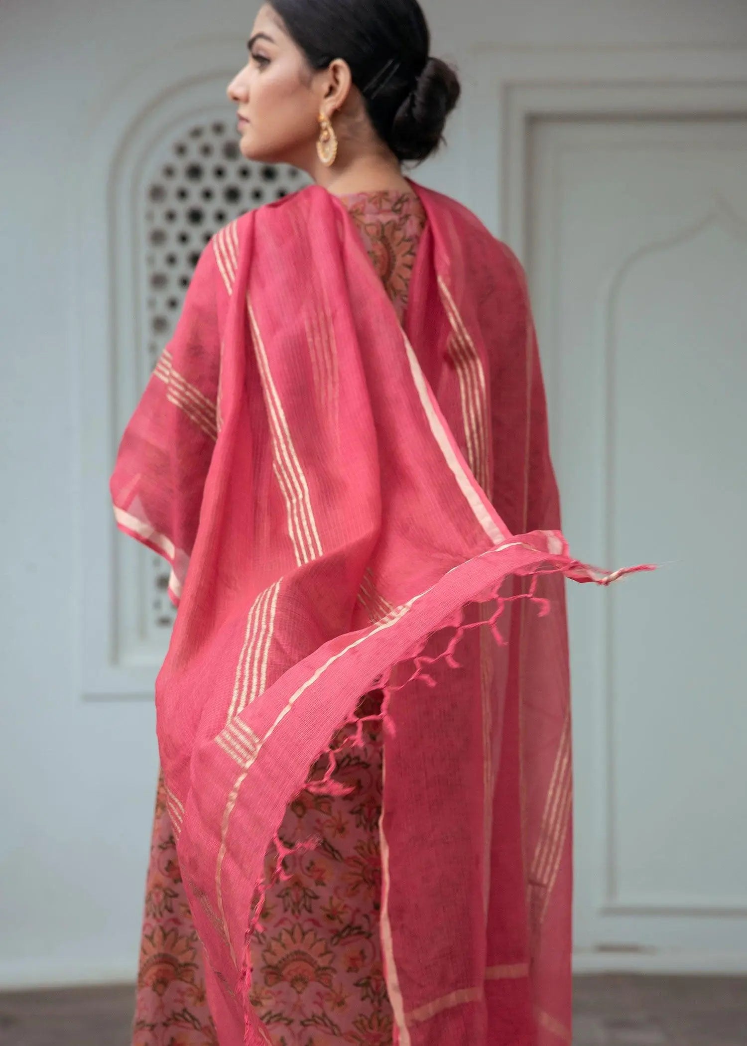 Rose Pink Hand Block Print Kota Zari Dupatta