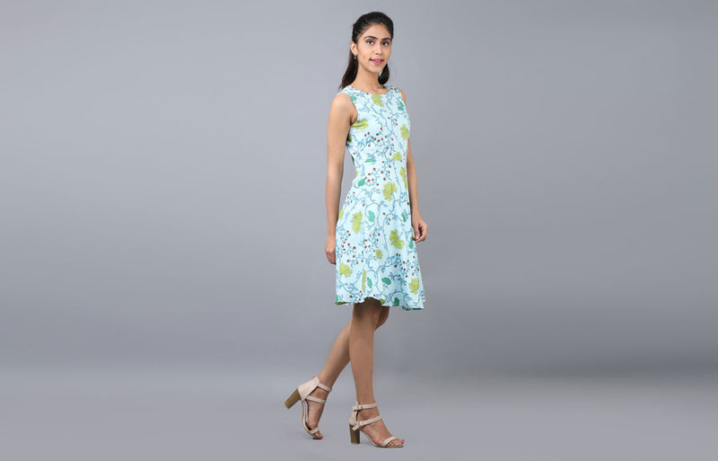 Skater Blue Hand Block Print Modal Dress