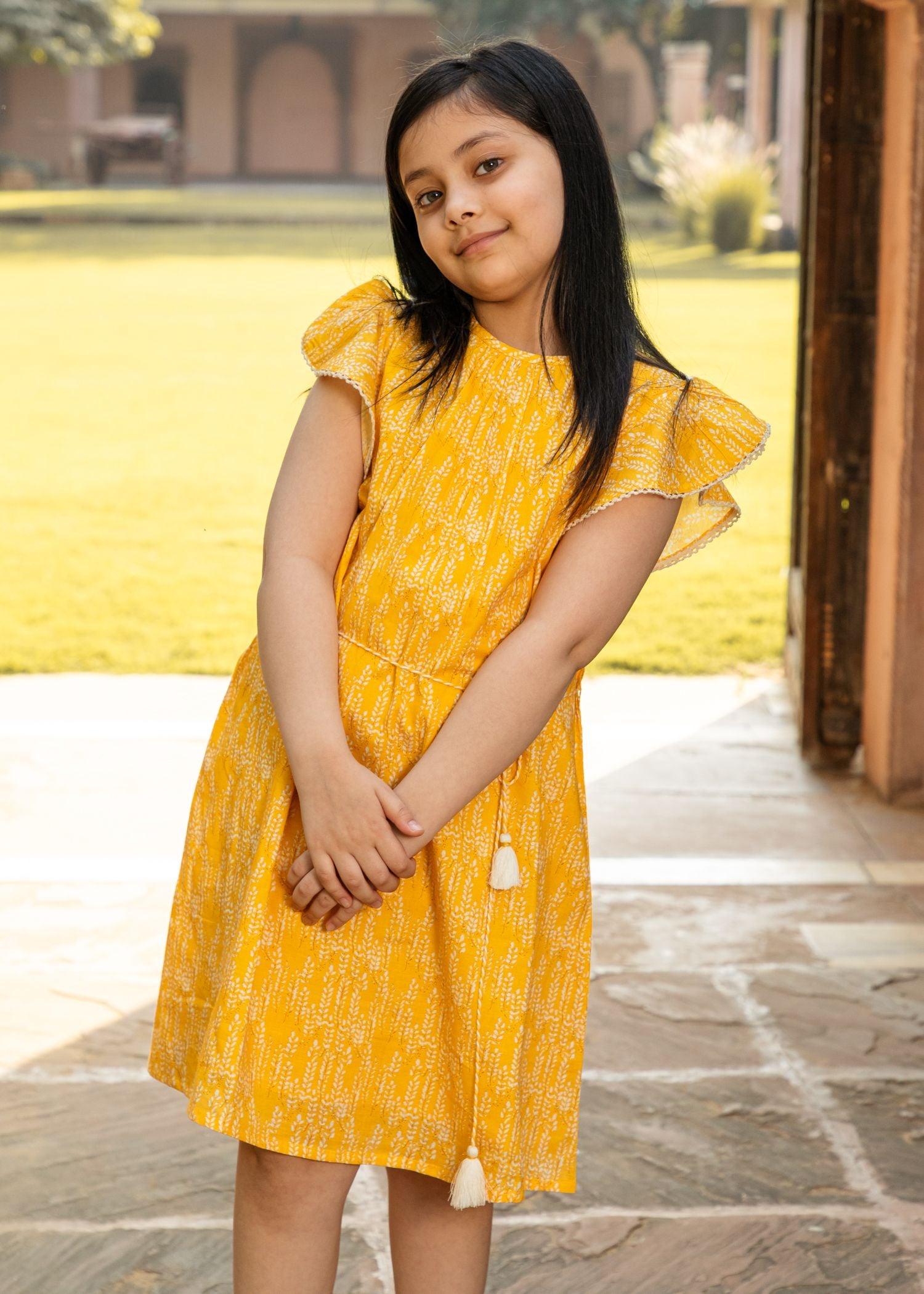 Flower Leaves Yellow Cotton Dress Girl (2 to 9 Years)