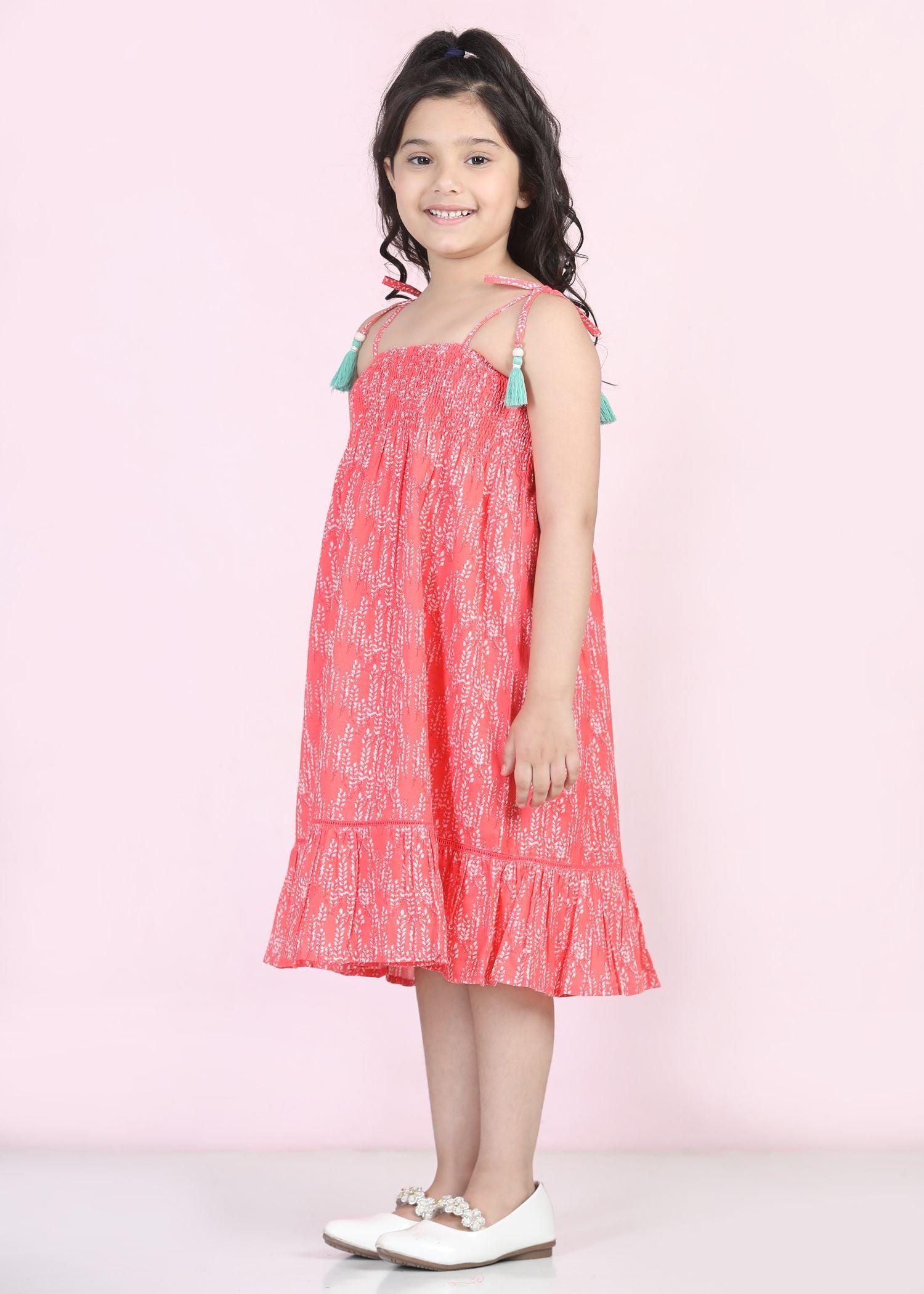 Sunflower Leaves Pink Cotton Dress Girl (2 to 9 Years)