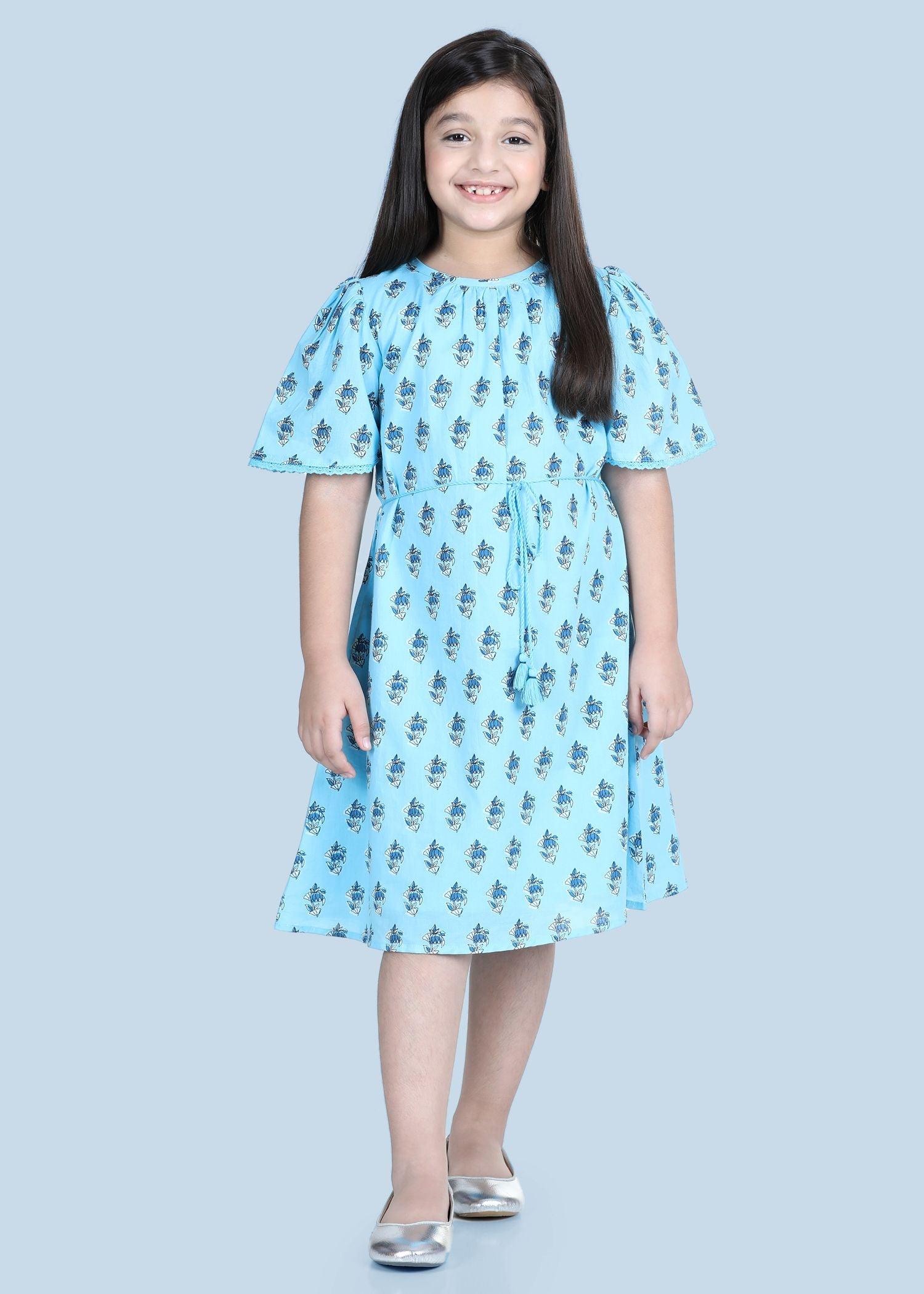 Flory Petunia Buti Blue Cotton Dress Girl (2-9 Years)