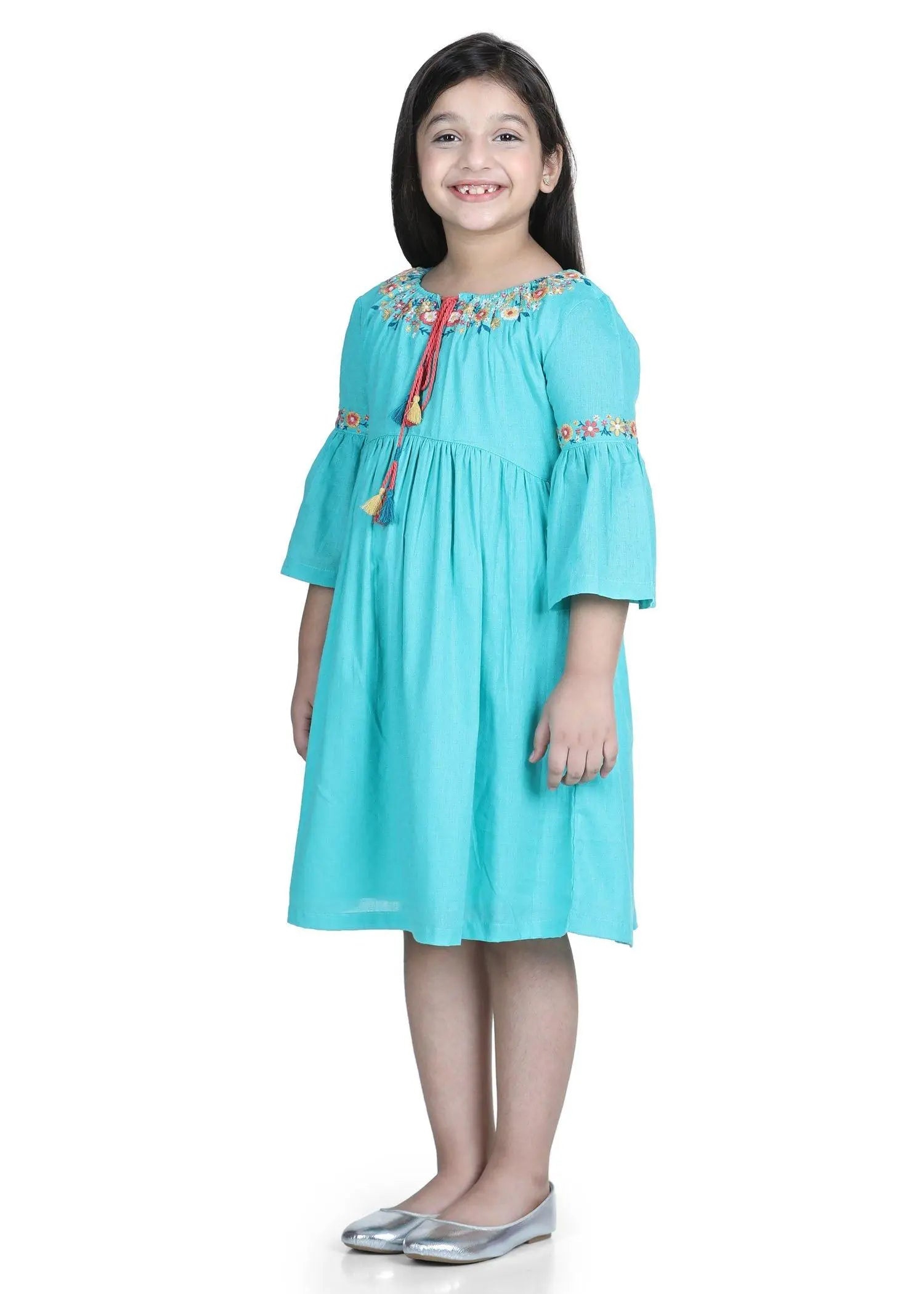 Sachi Teal Cotton Embroidered Dress (2-9 Years)