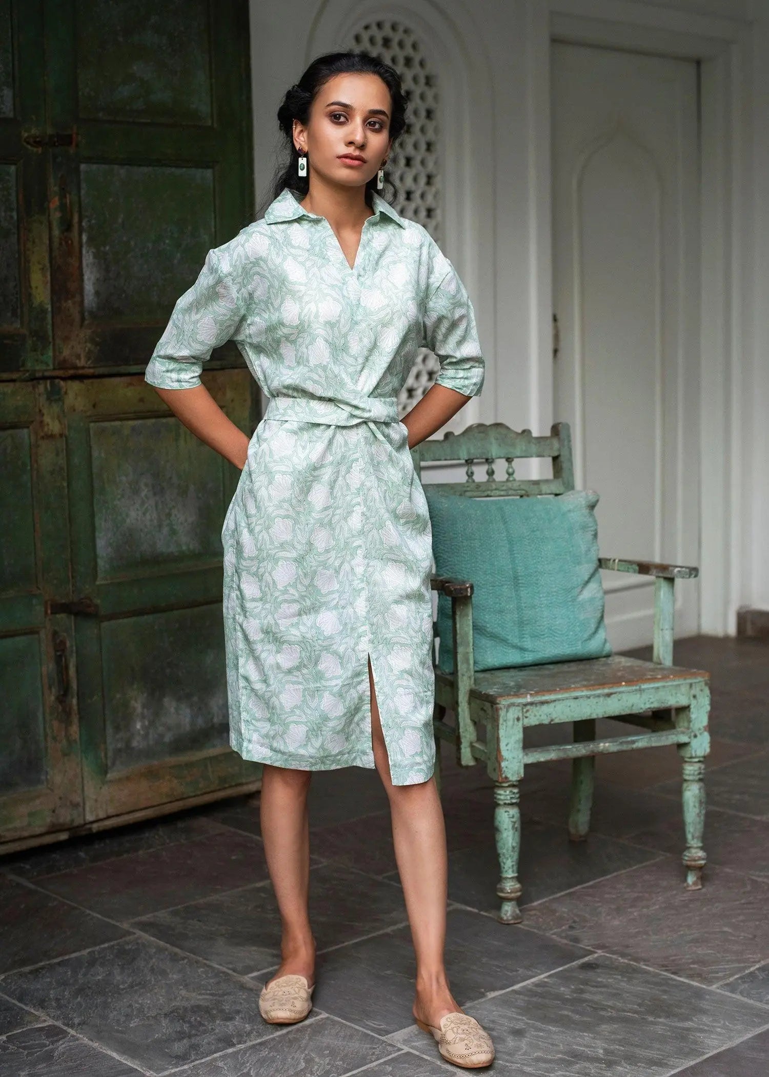 Knotted Brook Green Block Print Cotton Dress