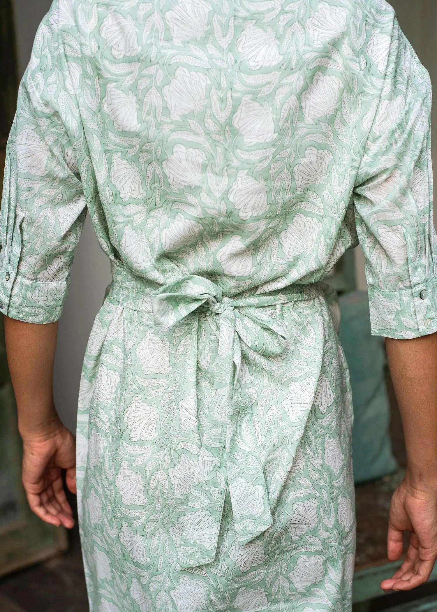 Knotted Brook Green Block Print Cotton Dress