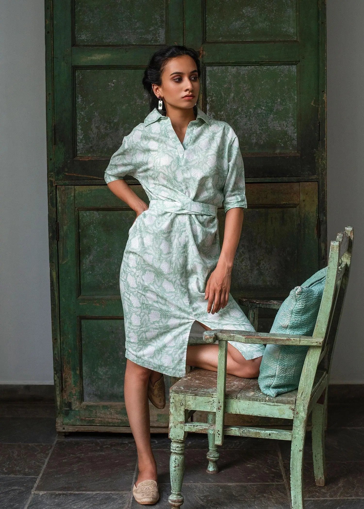 Knotted Brook Green Block Print Cotton Dress