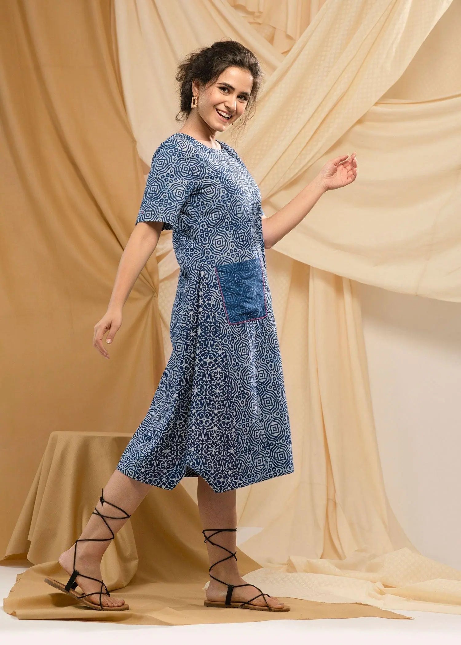 Neela Denim Blue Calf Length Cotton Dress