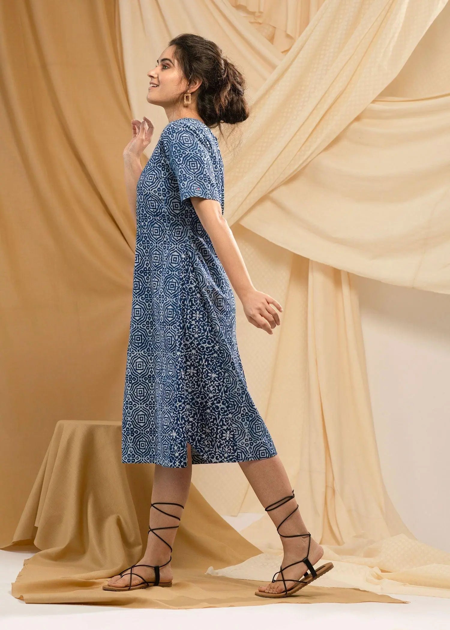 Neela Denim Blue Calf Length Cotton Dress