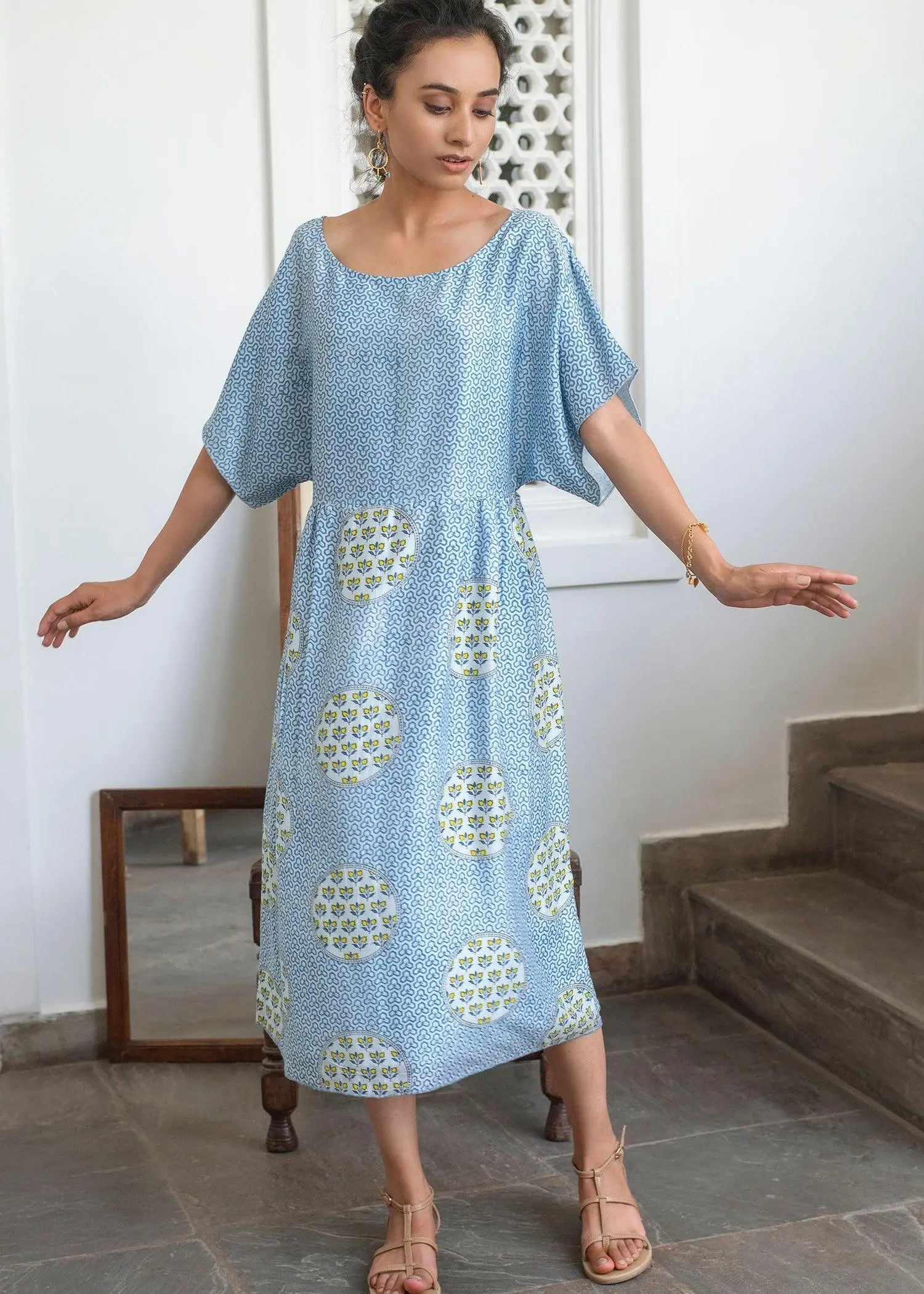 Frisky Blue Block Print Malmal Dress