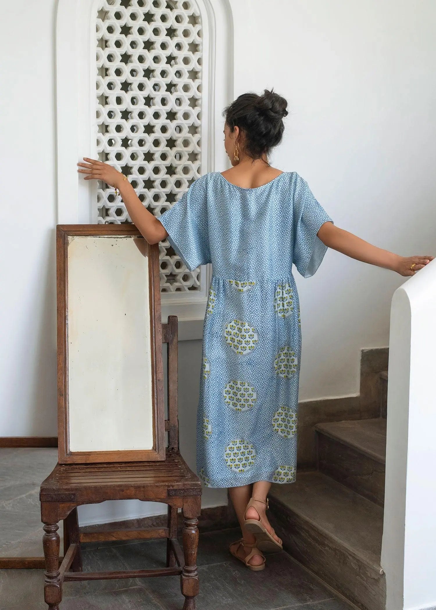 Frisky Blue Block Print Malmal Dress