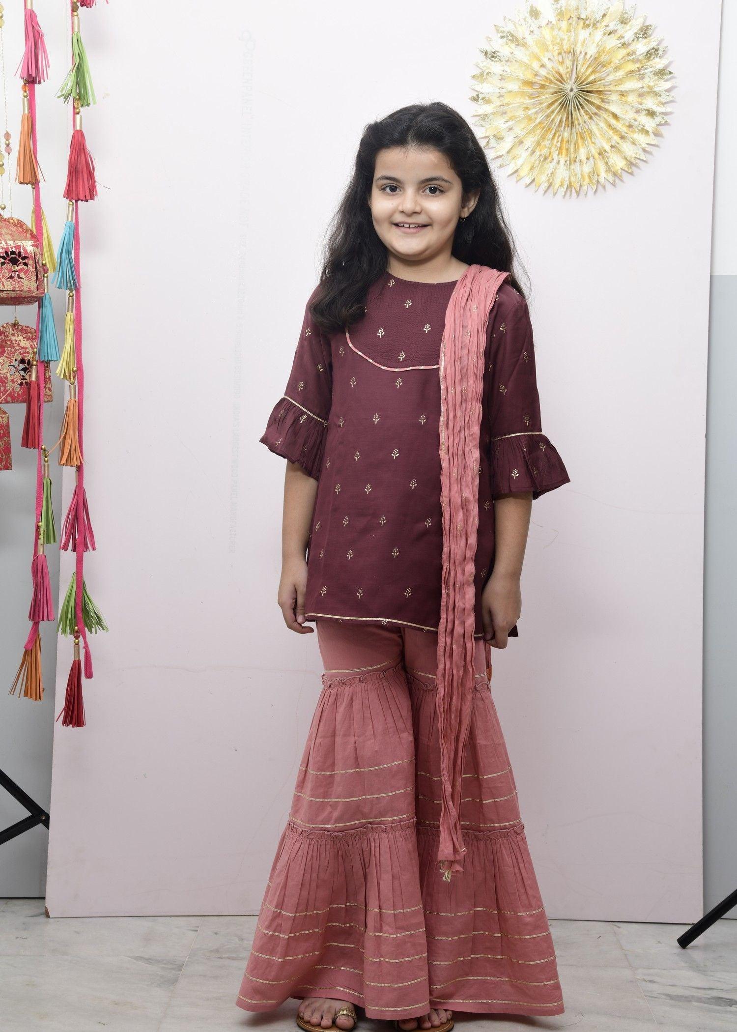 Noor Maroon And Pink Viscose Cotton Garara Set Girl (2-12 Years) (Set Of 3)