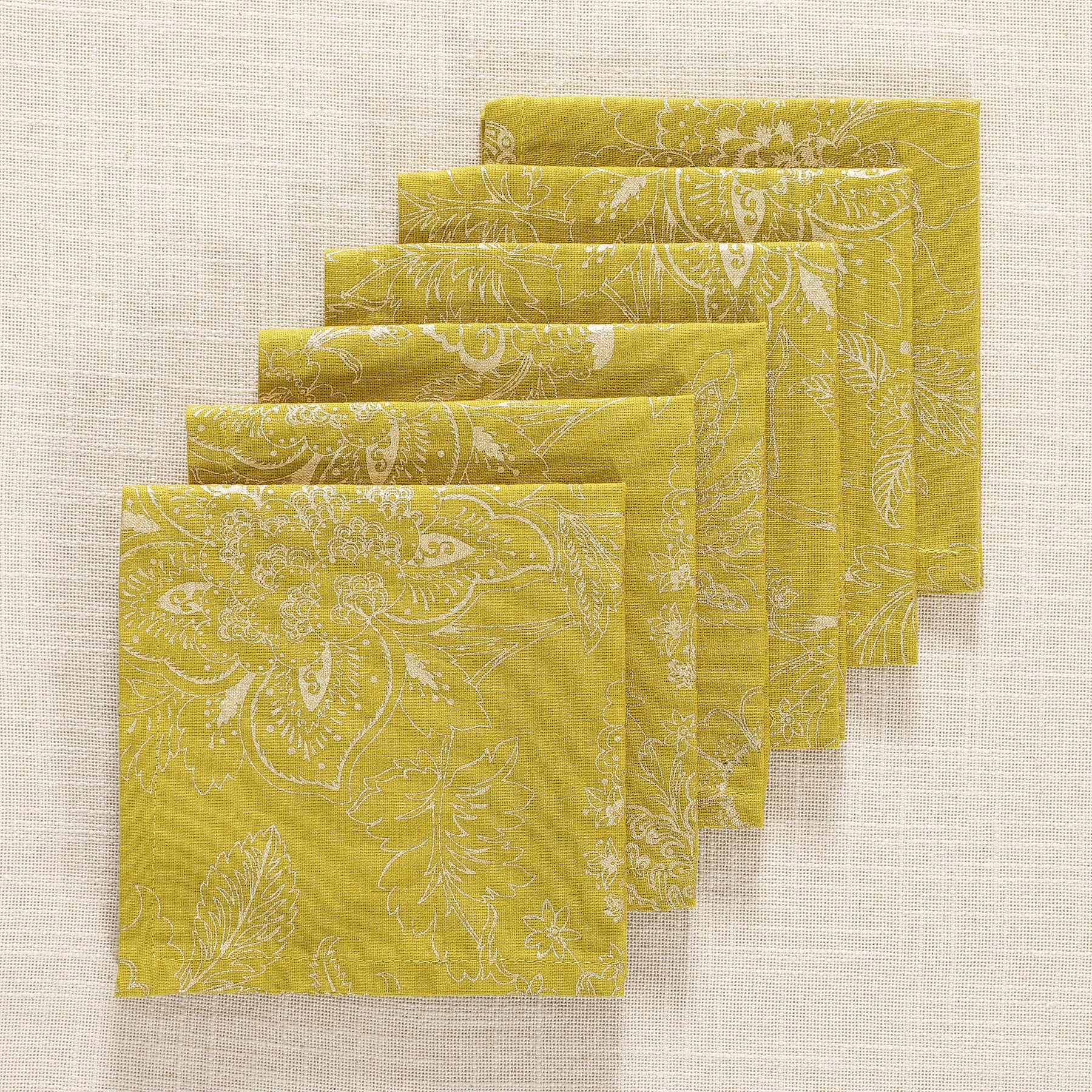 Floral Jaal Gold & Green Cotton Cocktail Napkin Set of 6