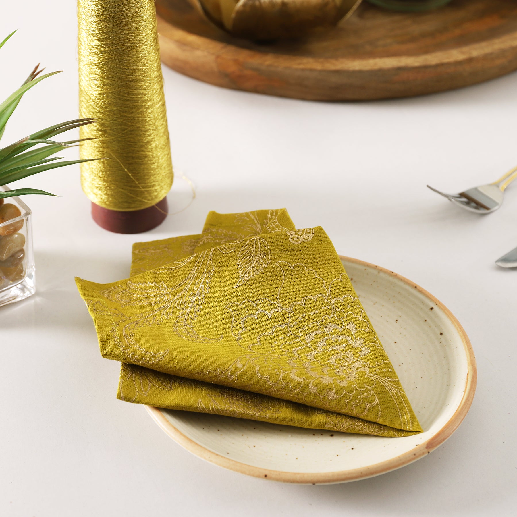 Floral Jaal Gold & Green Cotton Cocktail Napkin Set of 6