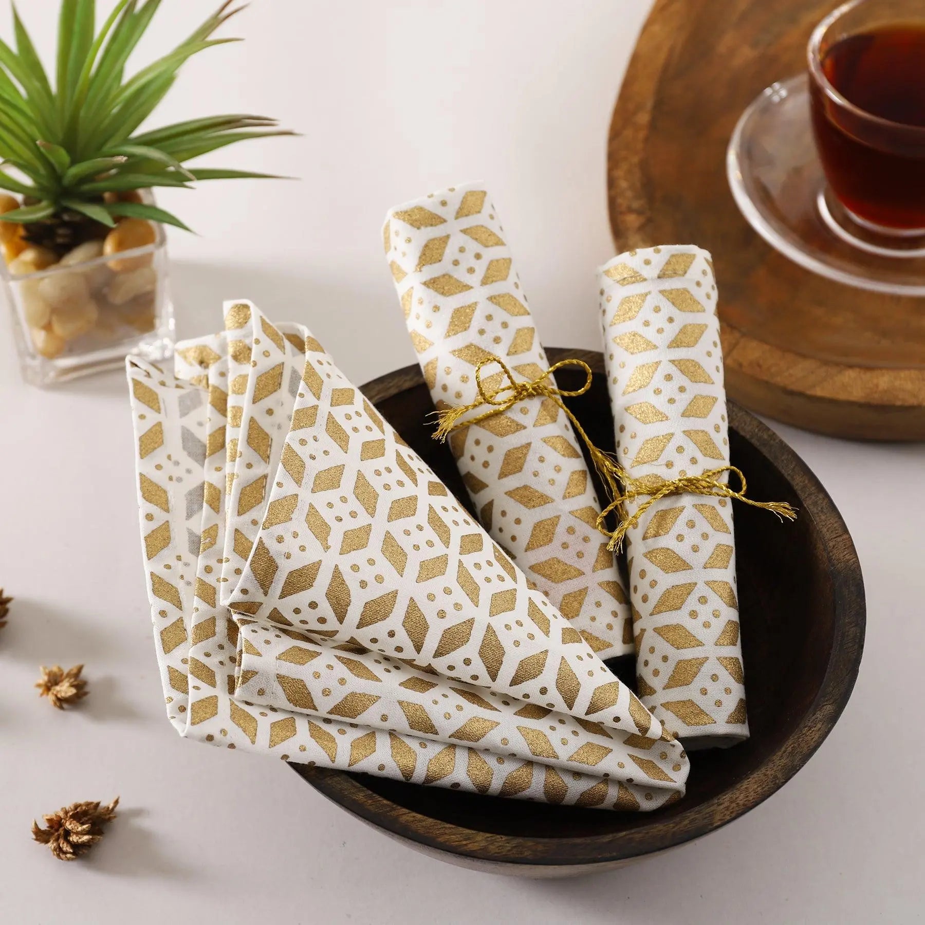 Harmony Gold & White Cotton Cocktail Napkin Set of 6