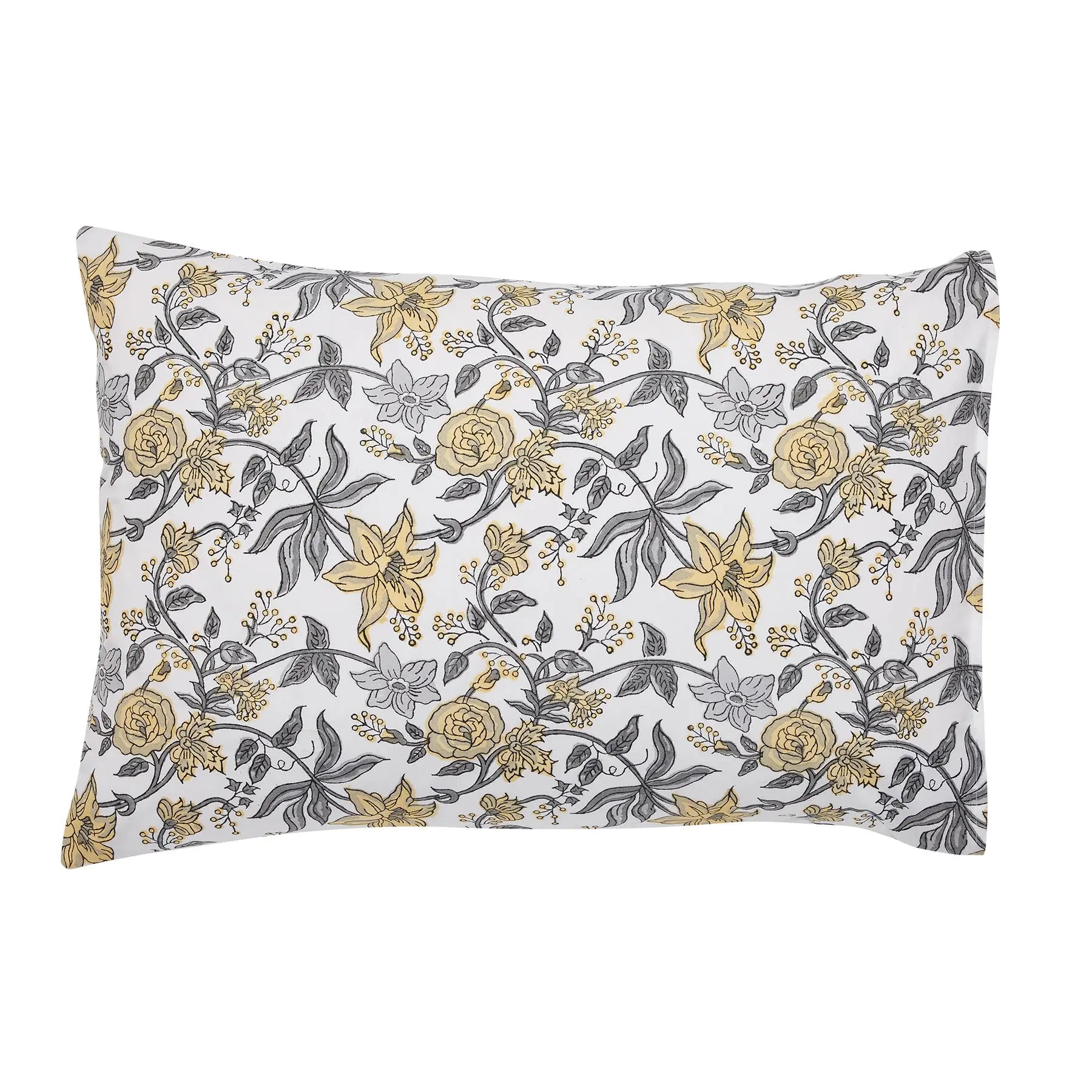 Daisy Yellow & Grey Hand Block Print Cotton Pillow Cover