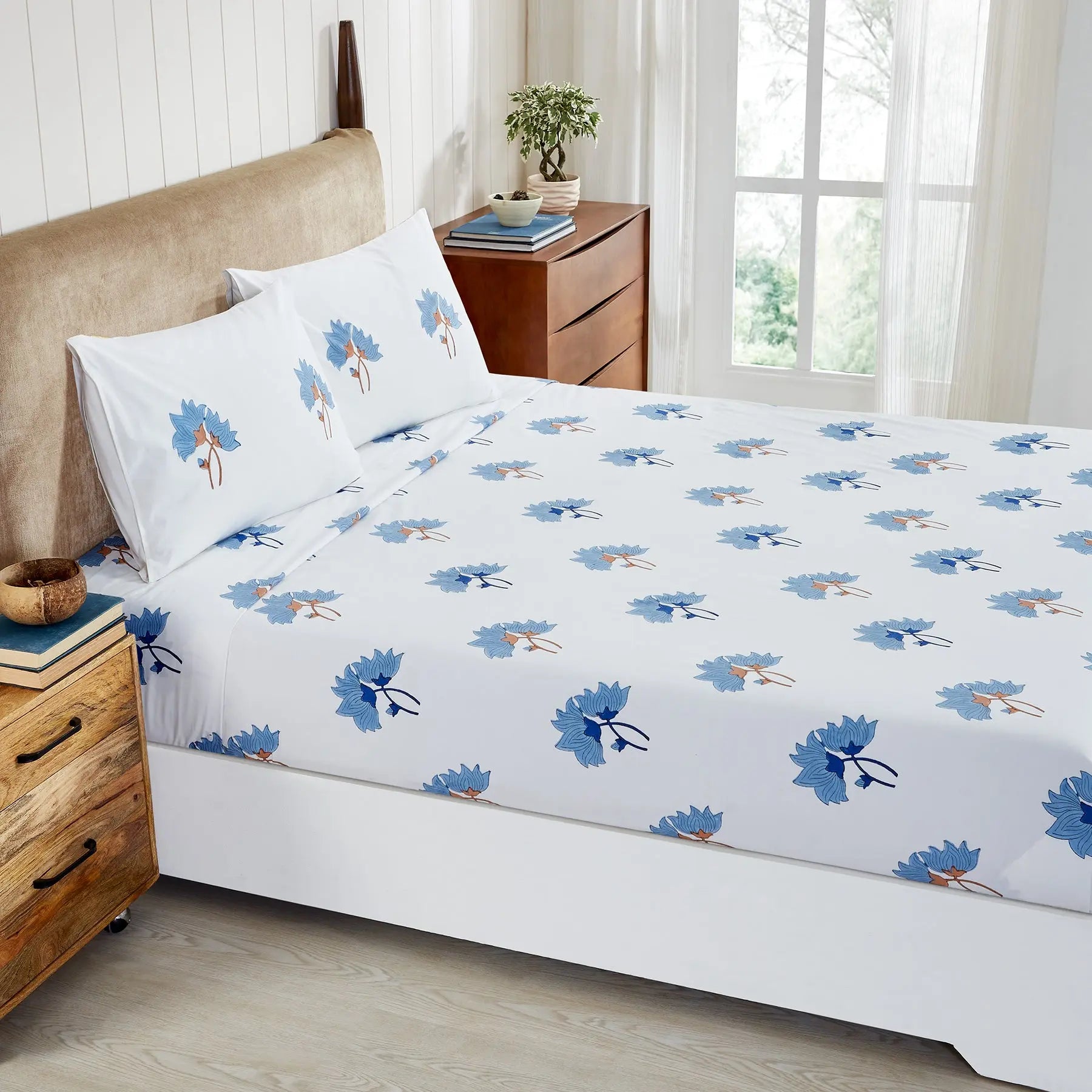 Peonia Blue Hand Block Printed Cotton Bedsheet with Pillow Cover