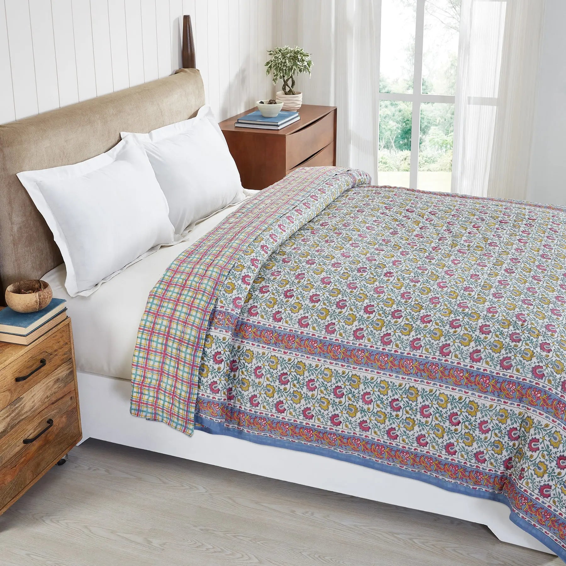 Eva Jaal Blue & Multi Hand Block Printed Cotton Quilt