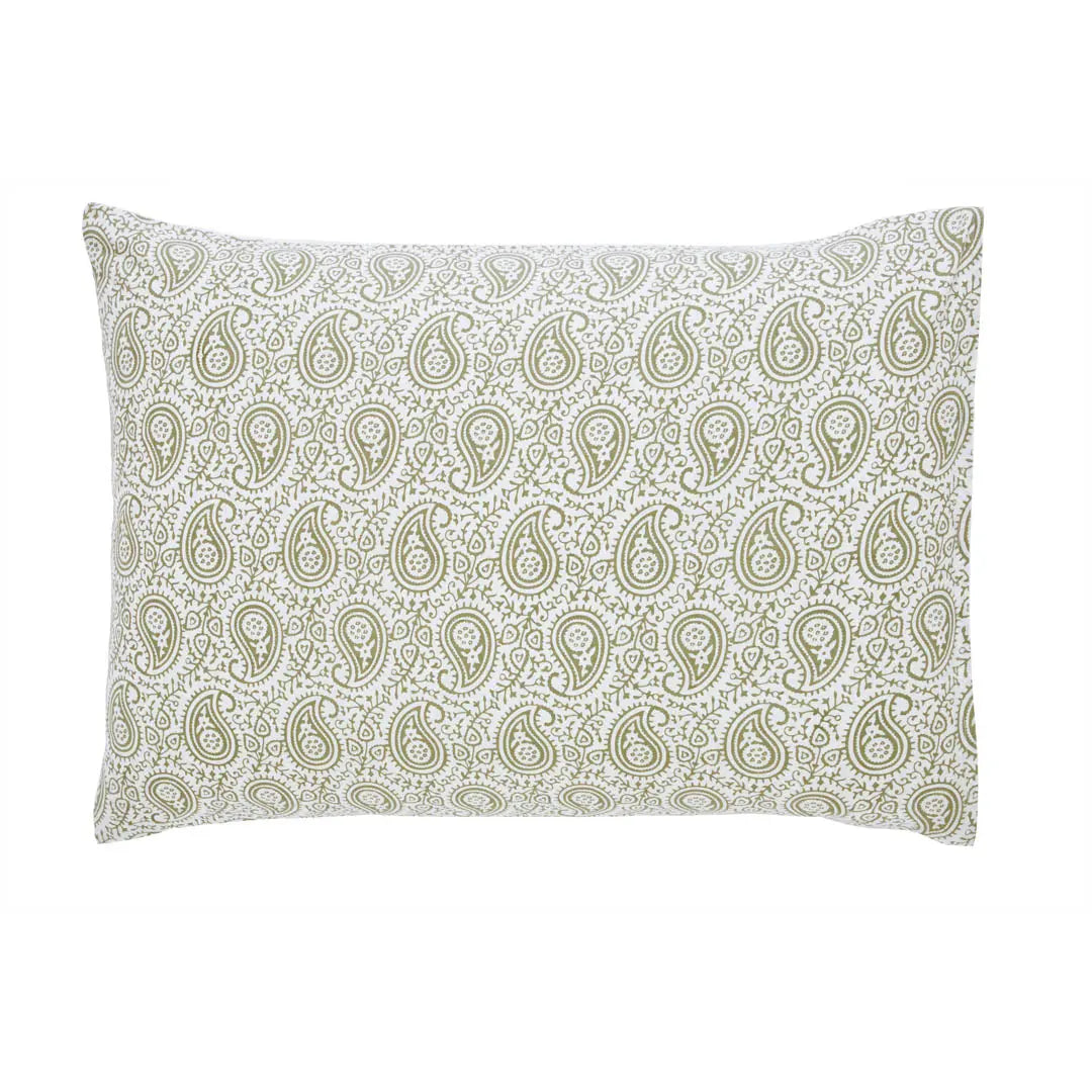 Paisley Floral Green Hand Screen Print Cotton Pillow Cover