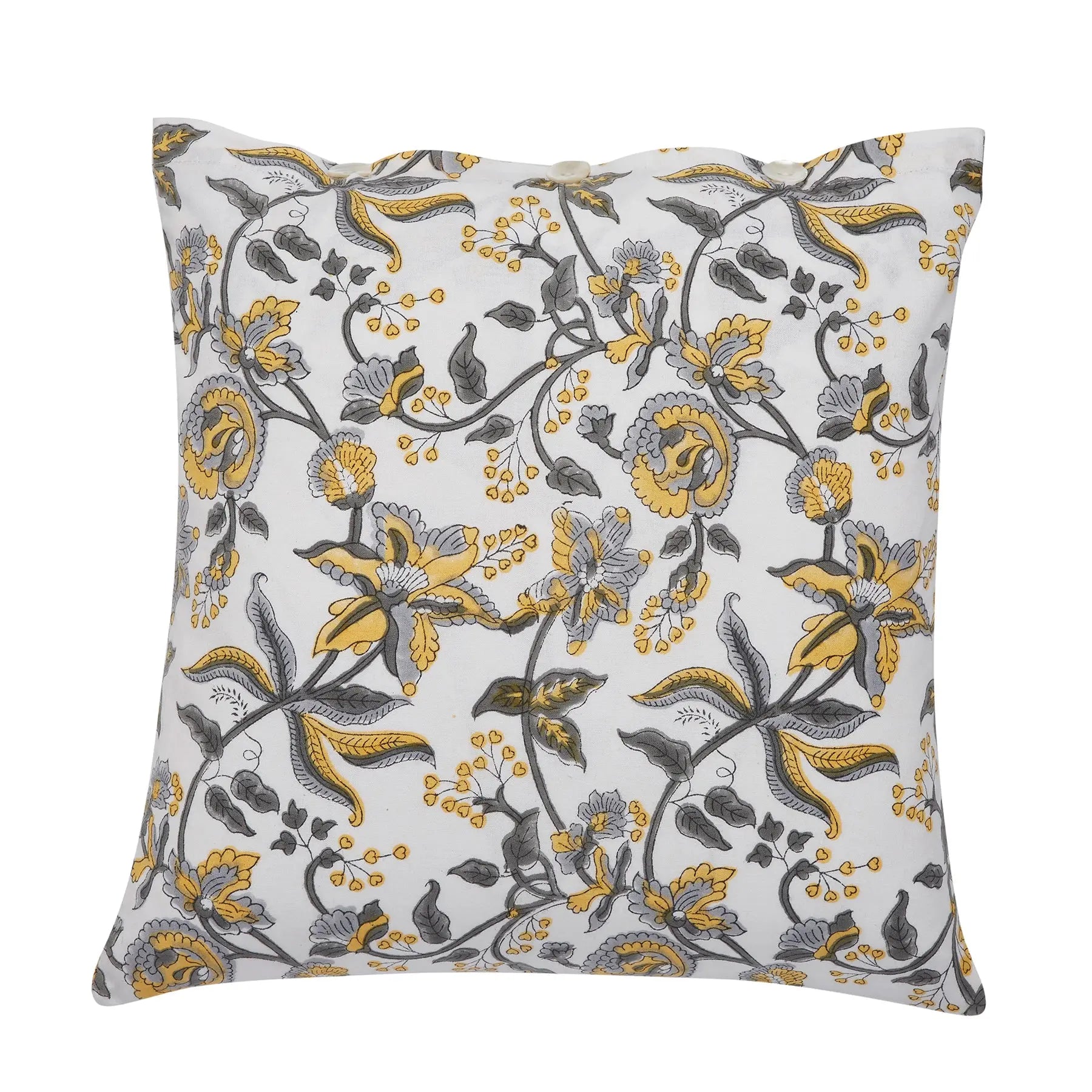 Daisy Yellow & Grey Hand Block Print Cotton Cushion Cover