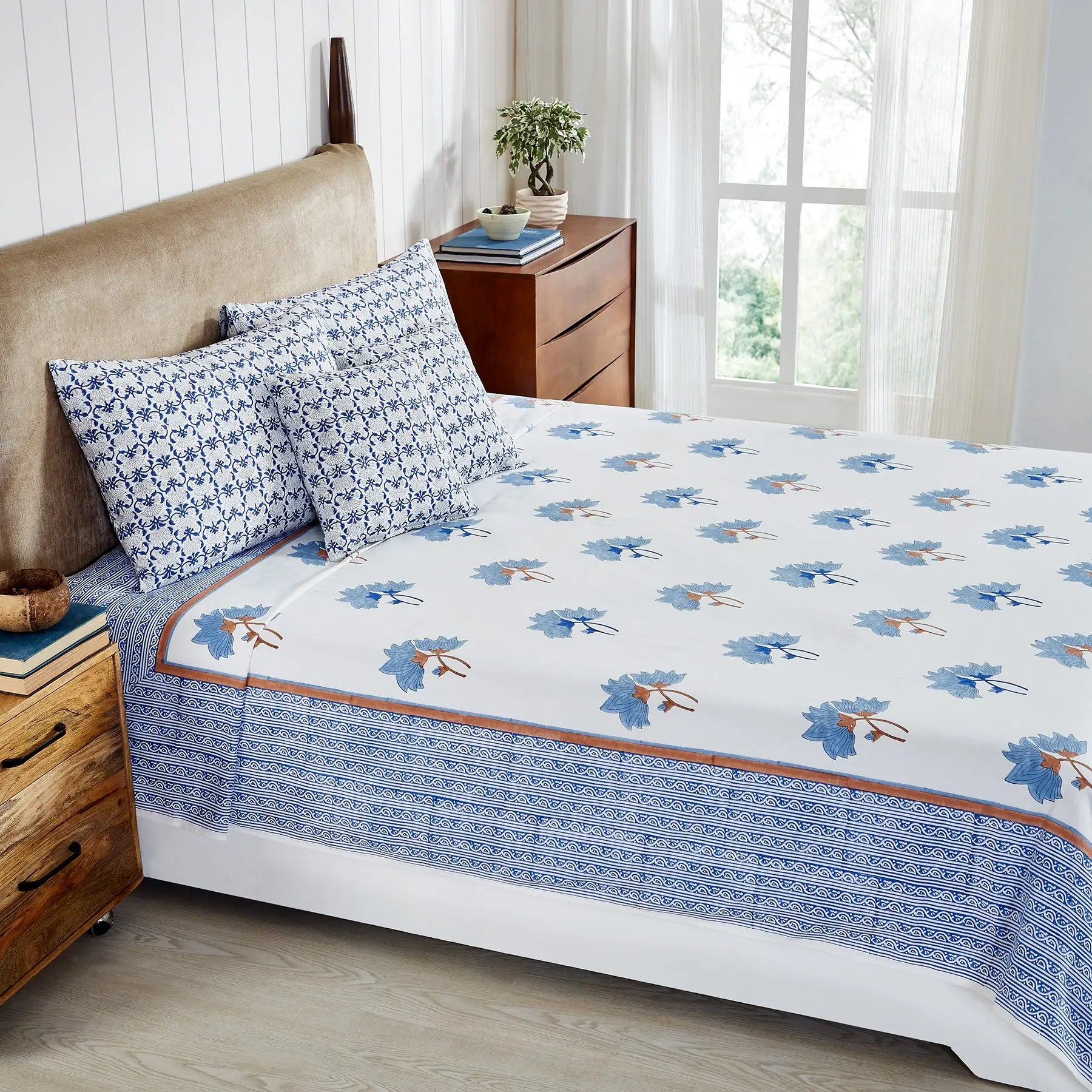 Peonia Blue Hand Block Printed Cotton Bedcover