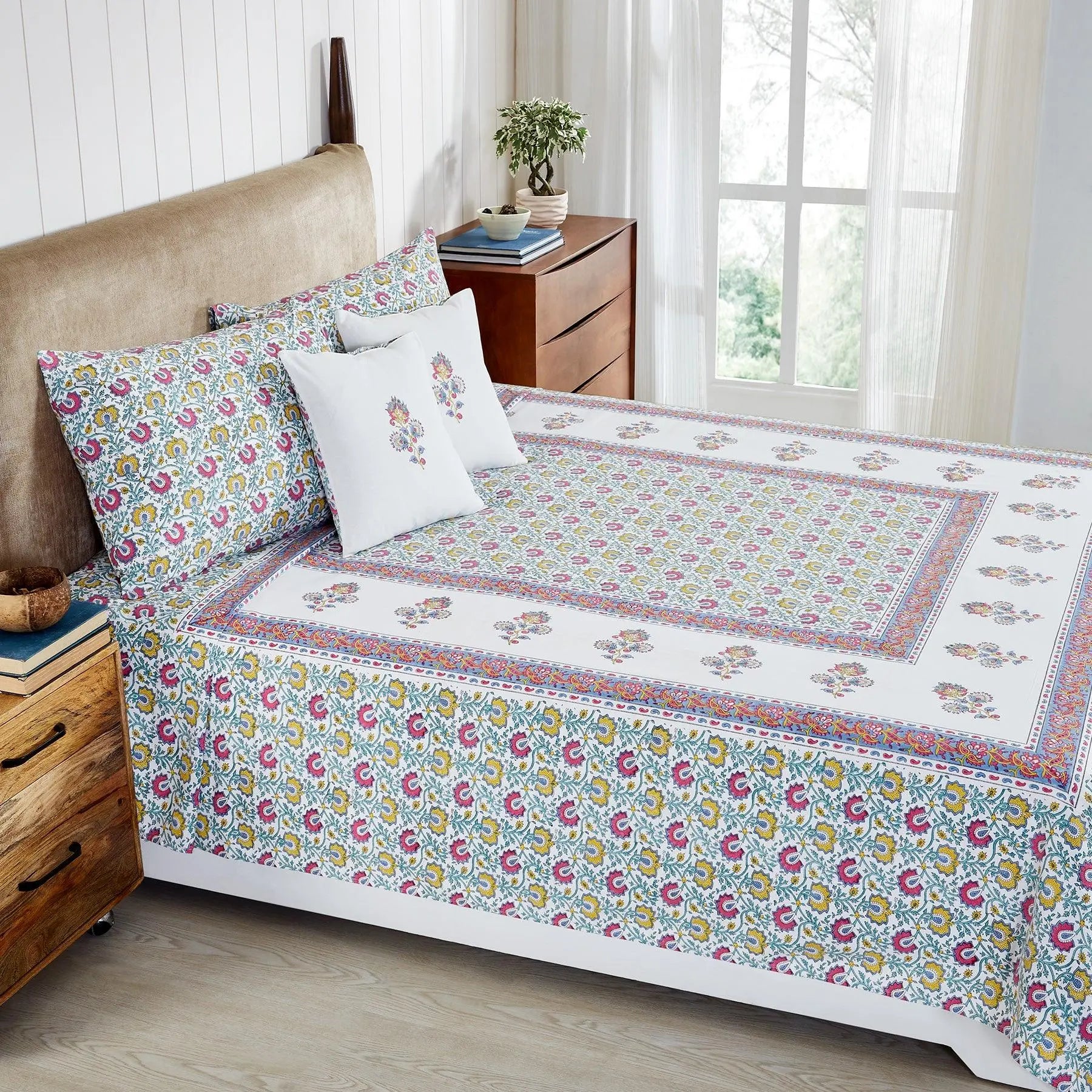 Eva Jaal Blue & Multi Hand Block Printed Cotton Bedcover