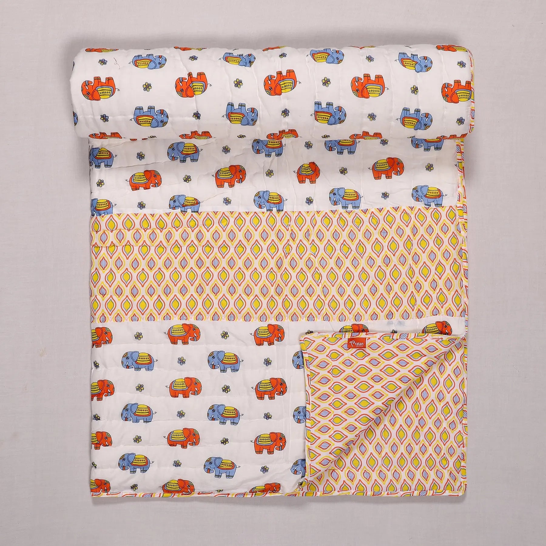 Bholu Hathi Blue/Orange Cotton Quilt Kids