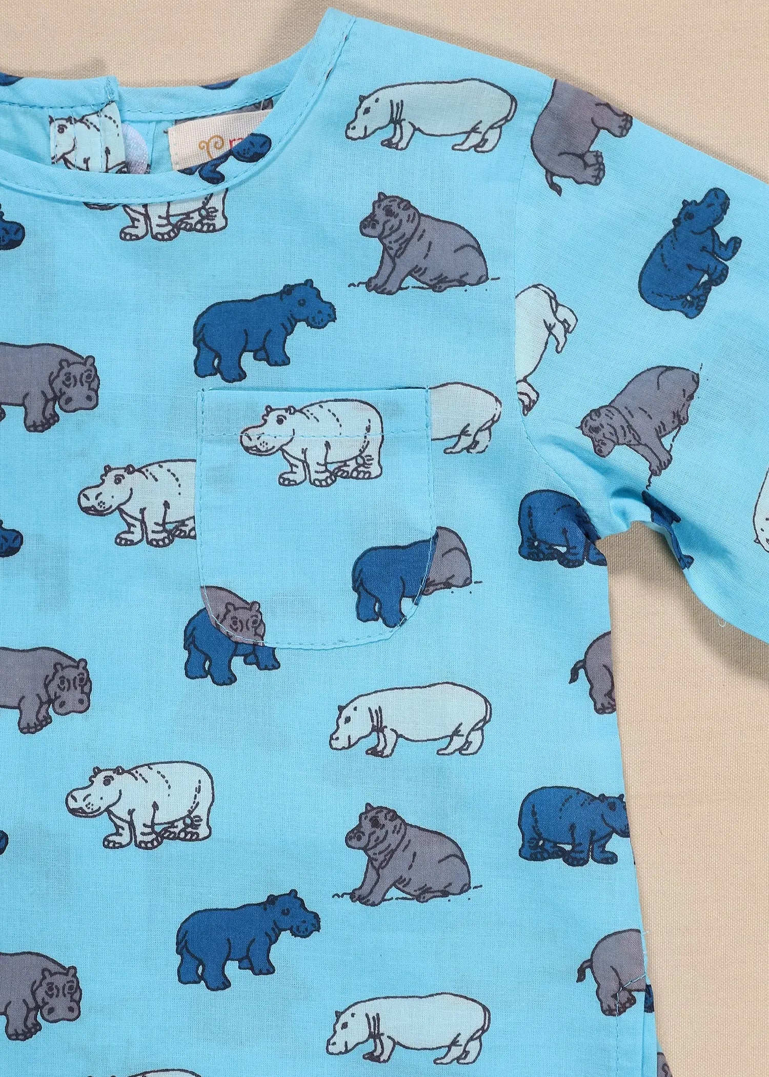 Hippo Blue Cotton Night Suit Unisex (3-12 Months)