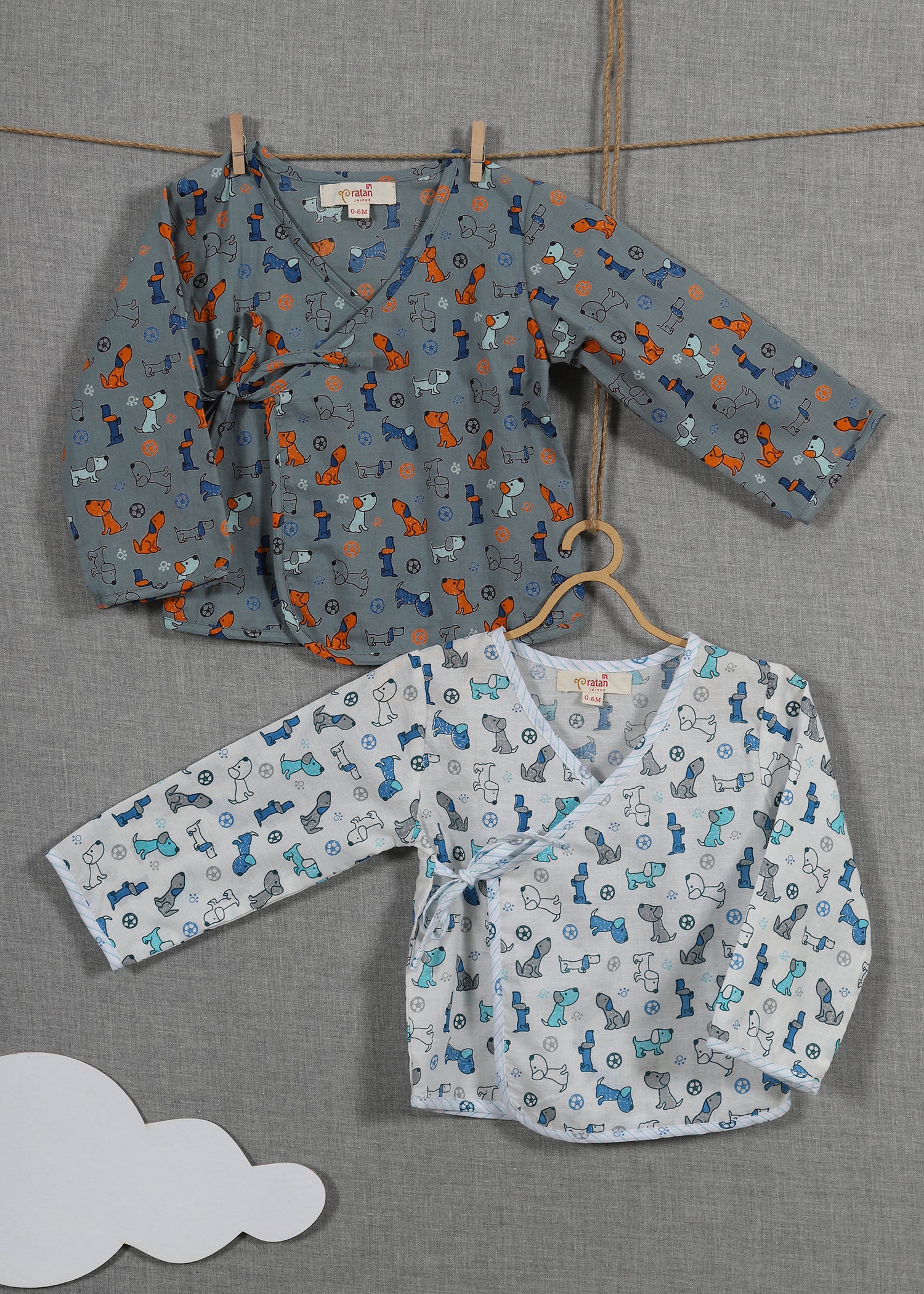 Lazy Dog Blue/Grey Cotton Jhabla Set of 2 Baby Unisex (0-6 Months)