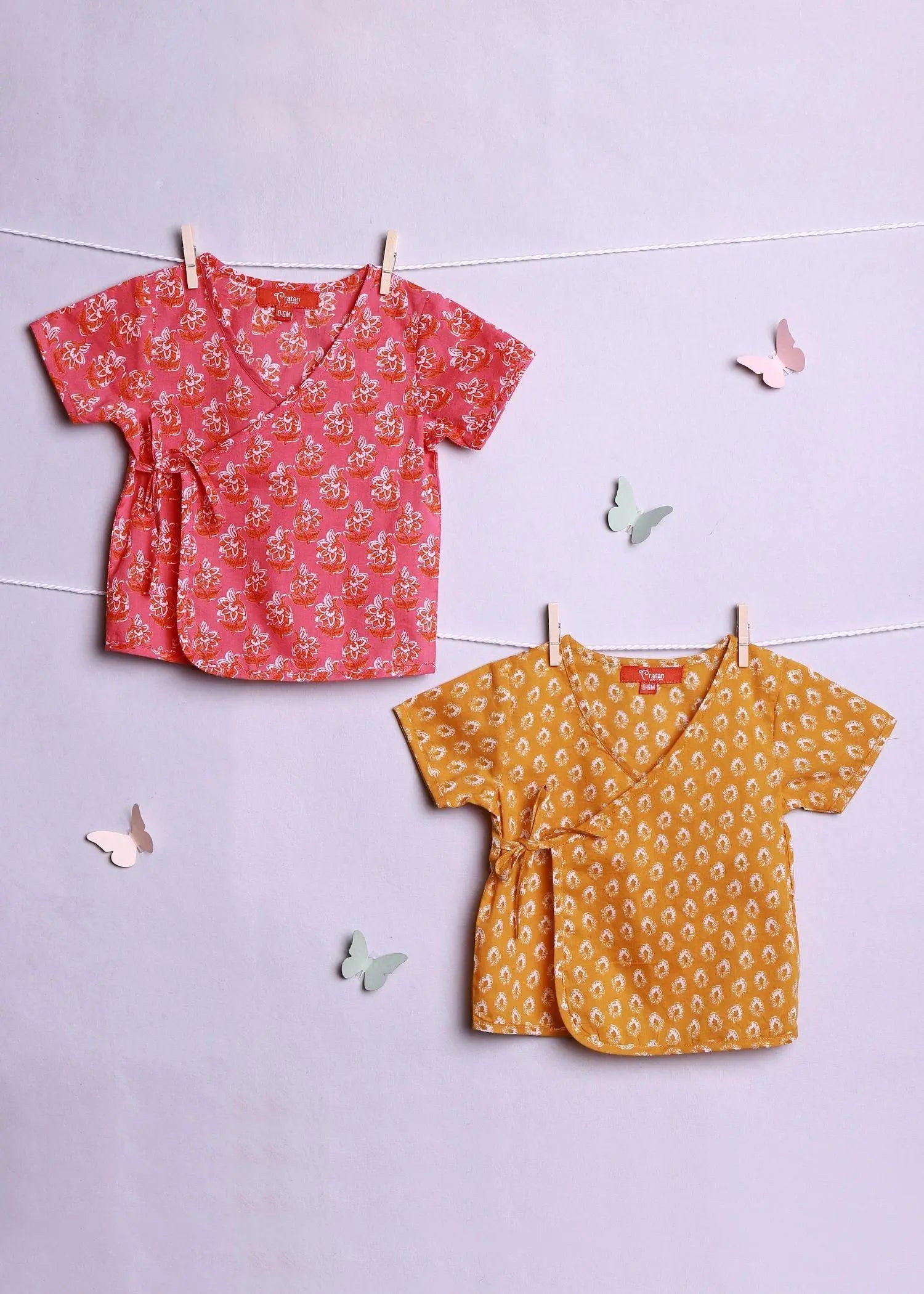 Booti Pink/ Yellow Cotton Angrakha Baby Jhabla Set of 2 (0-6 Months)