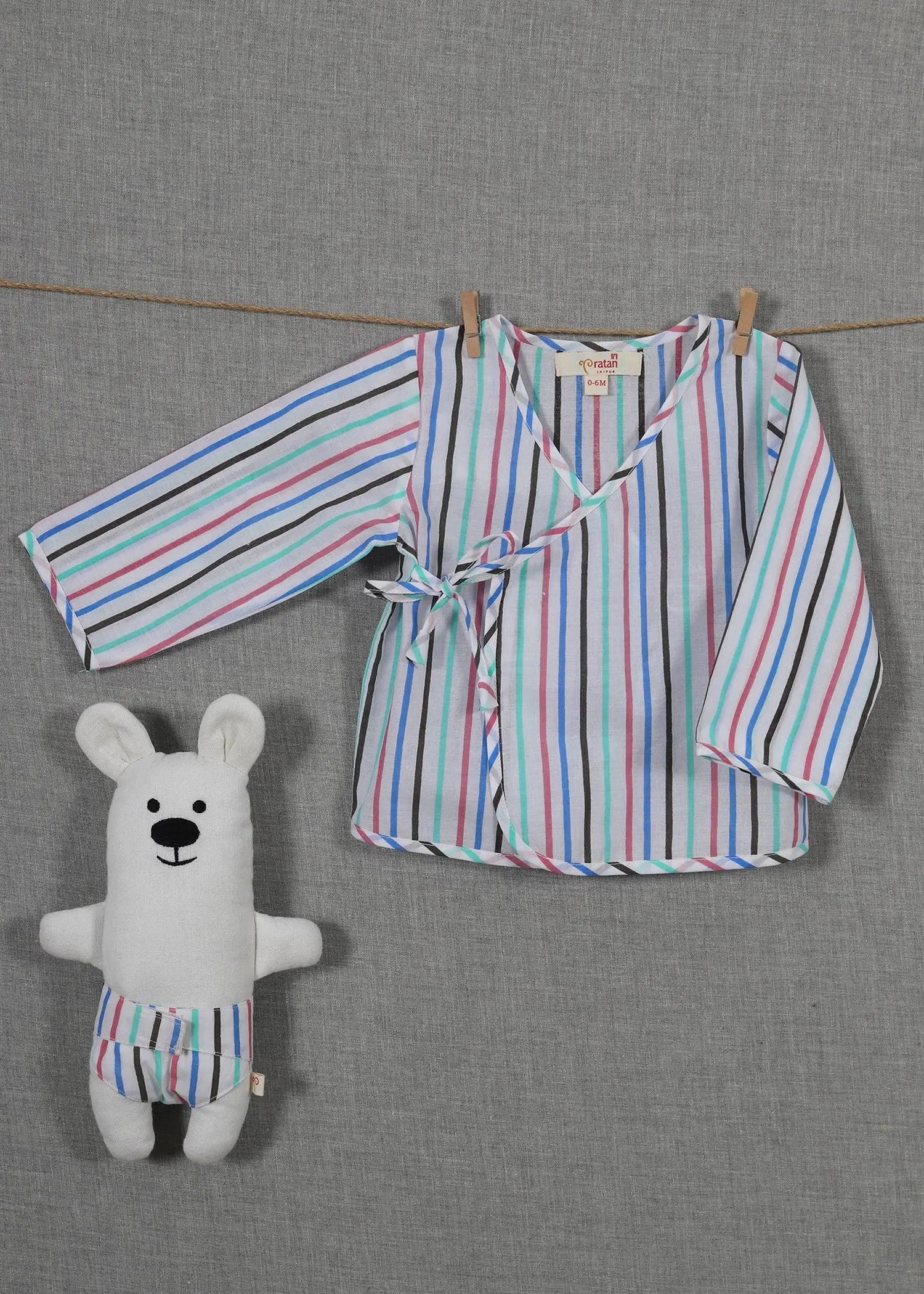 Bear White/Mint Cotton Angrakha Jhabla Unisex (0-6 Months)