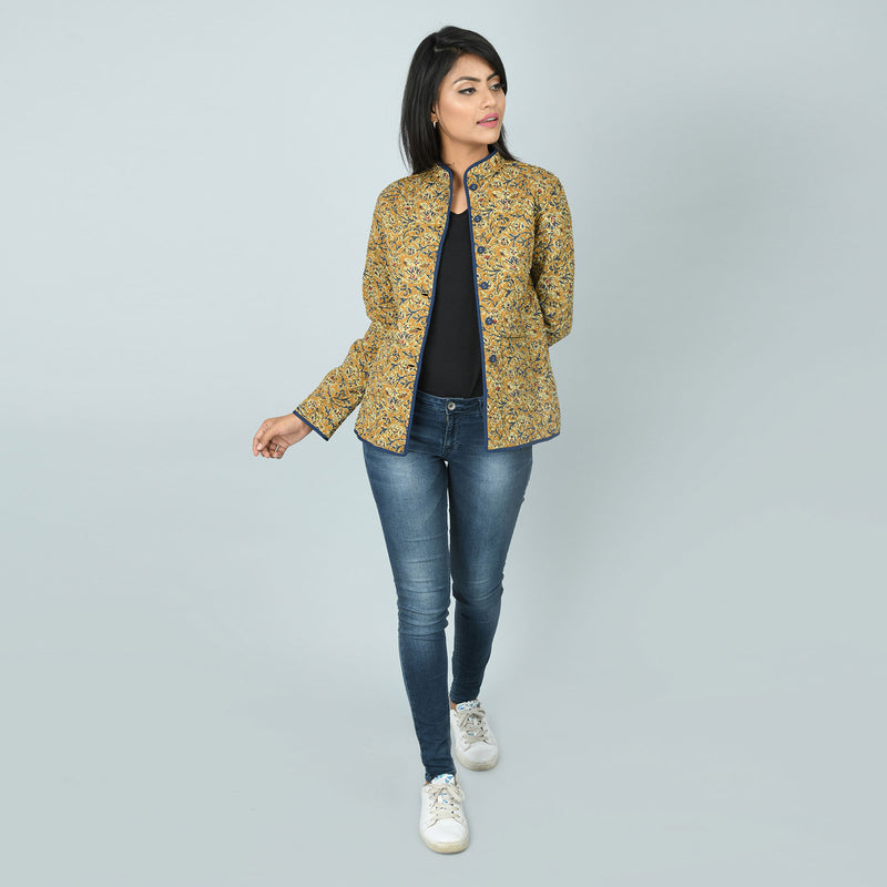 Blue and Yellow Cotton Quilted Reversible Jacket