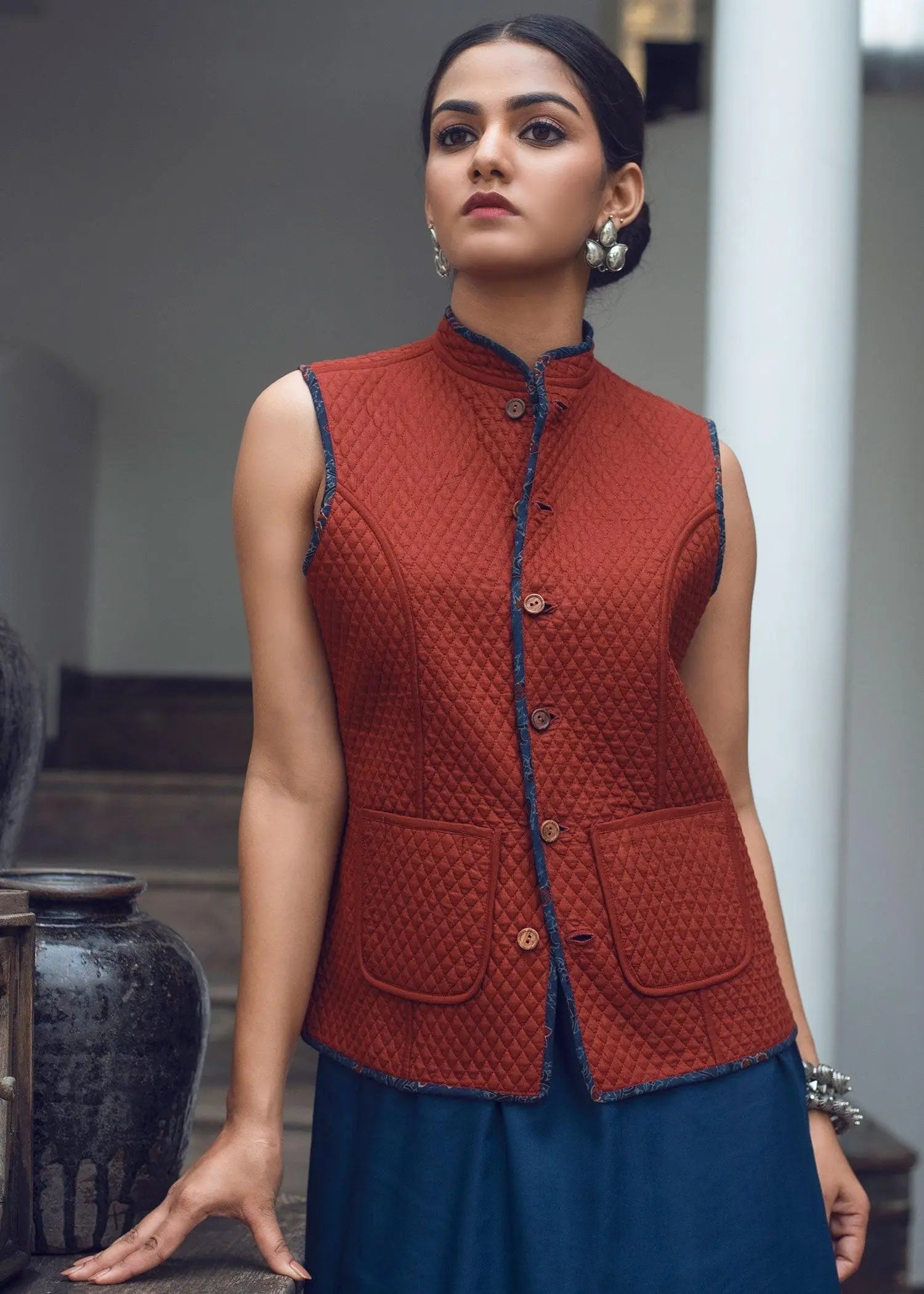 Anar Jaal Red And Blue 100% Cotton Quilted Reversible Sleeveless Jacket