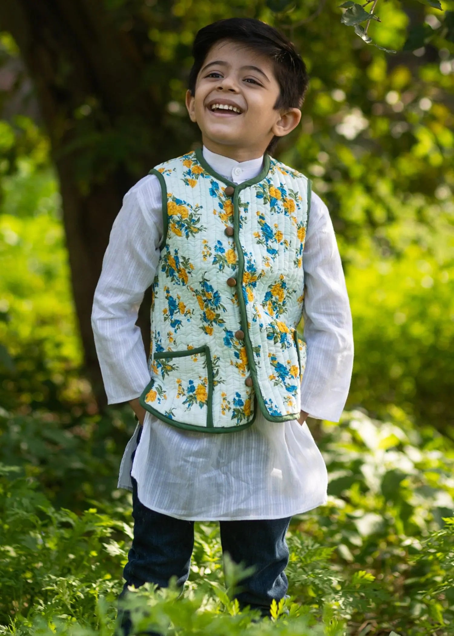 Ivy/Marigold Mustard/ White 100% Cotton Reversible Bundi Jacket Unisex (0-12 Years)